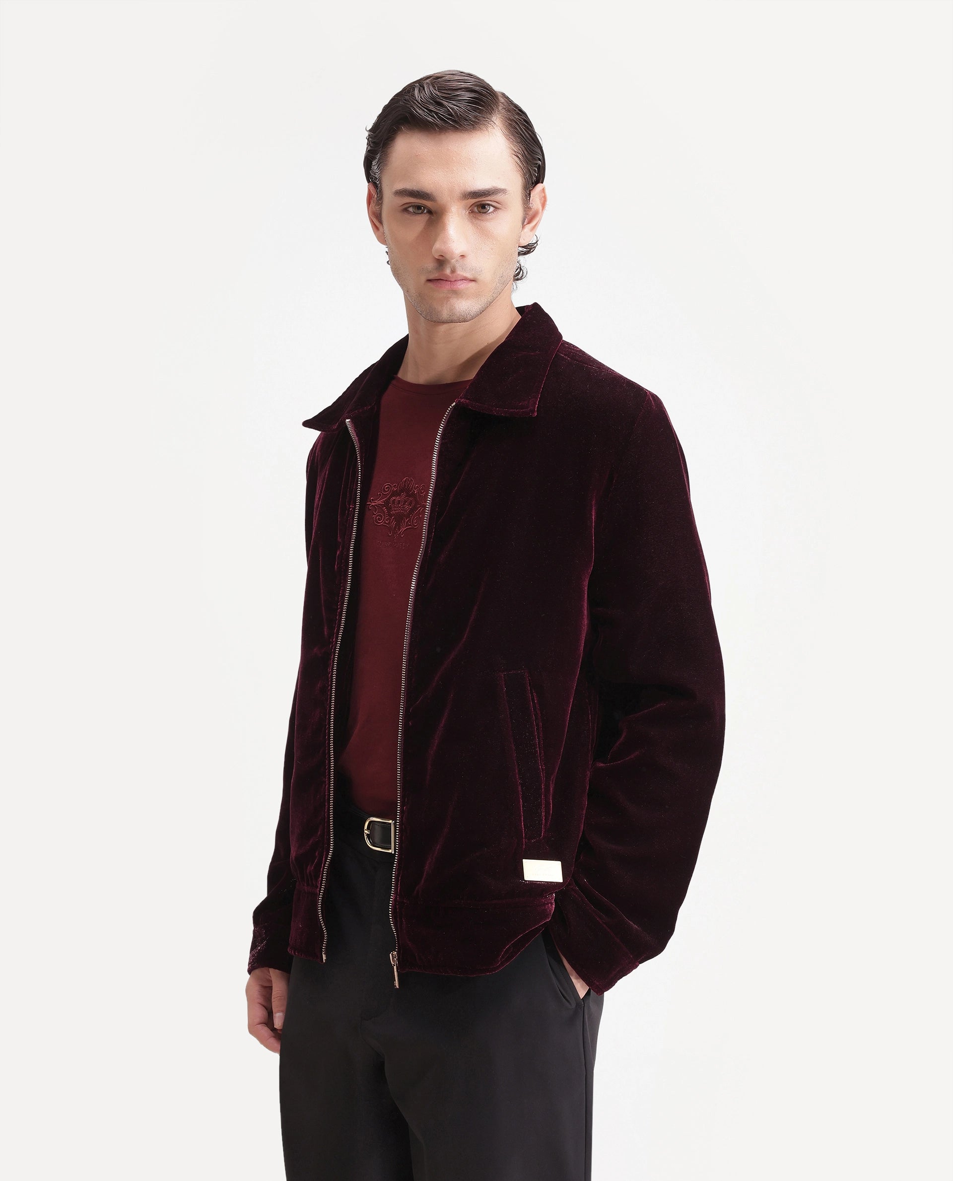 Rare Rabbit Men's Otaki-25 Maroon Polyester Blend Plain Regular Fit Full Sleeve Spread Collar Jacket