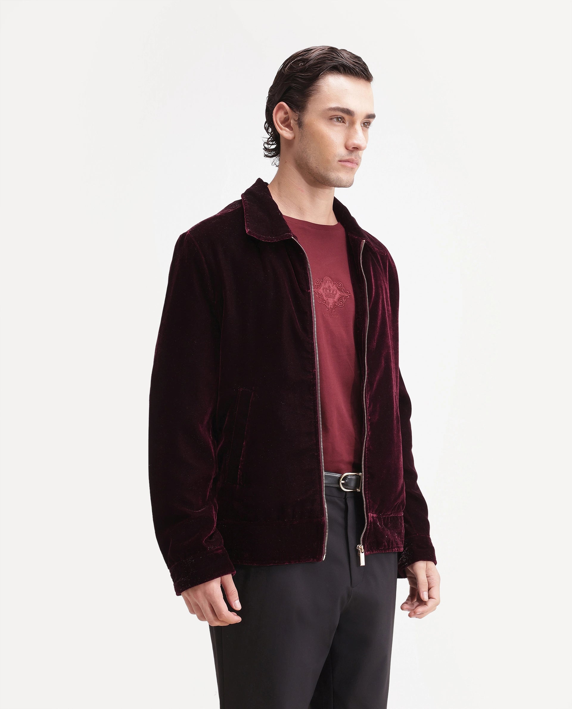 Rare Rabbit Men's Otaki-25 Maroon Polyester Blend Plain Regular Fit Full Sleeve Spread Collar Jacket