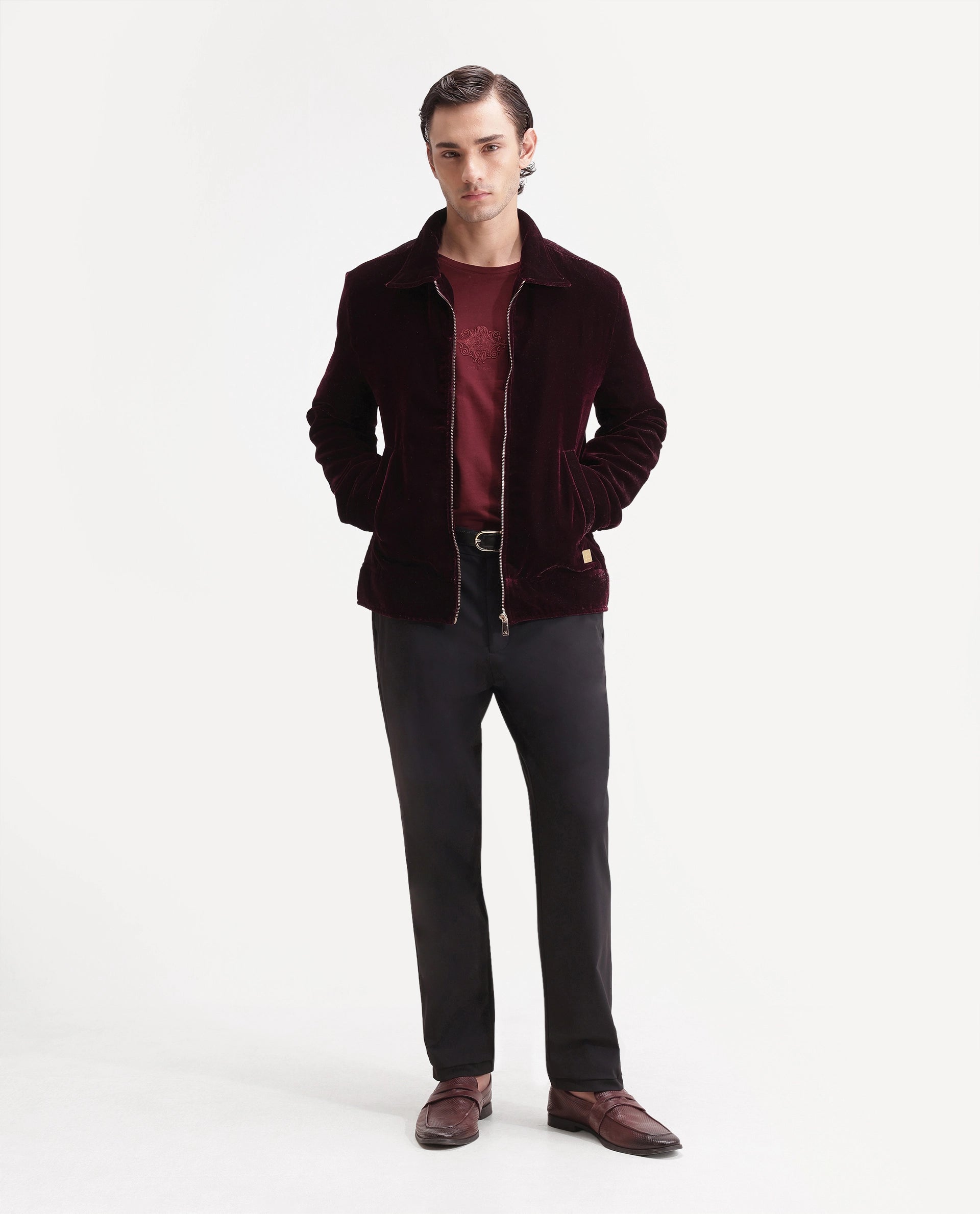 Rare Rabbit Men's Otaki-25 Maroon Polyester Blend Plain Regular Fit Full Sleeve Spread Collar Jacket