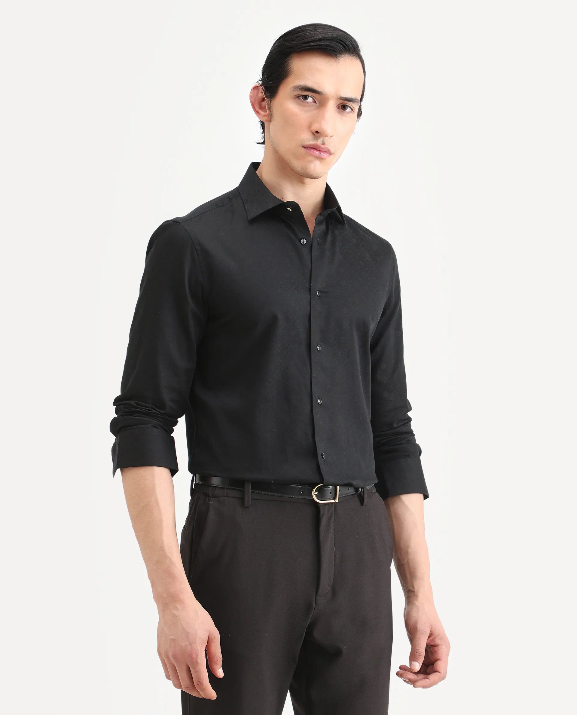 Rare Rabbit Men's Klut Black Cotton Blend Fabric Spread Collar Regular Fit Jacquard Shirt