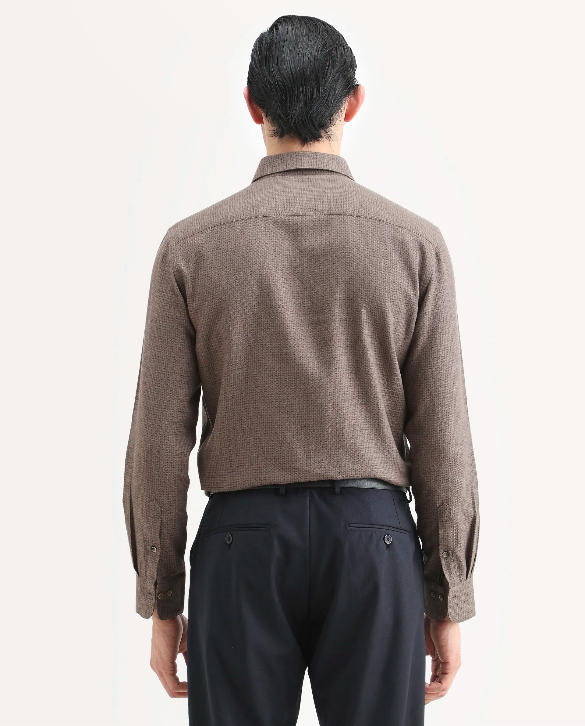Rare Rabbit Men's Zail Brown Cotton Fabric Spread Collar Regular Fit Textured Shirt
