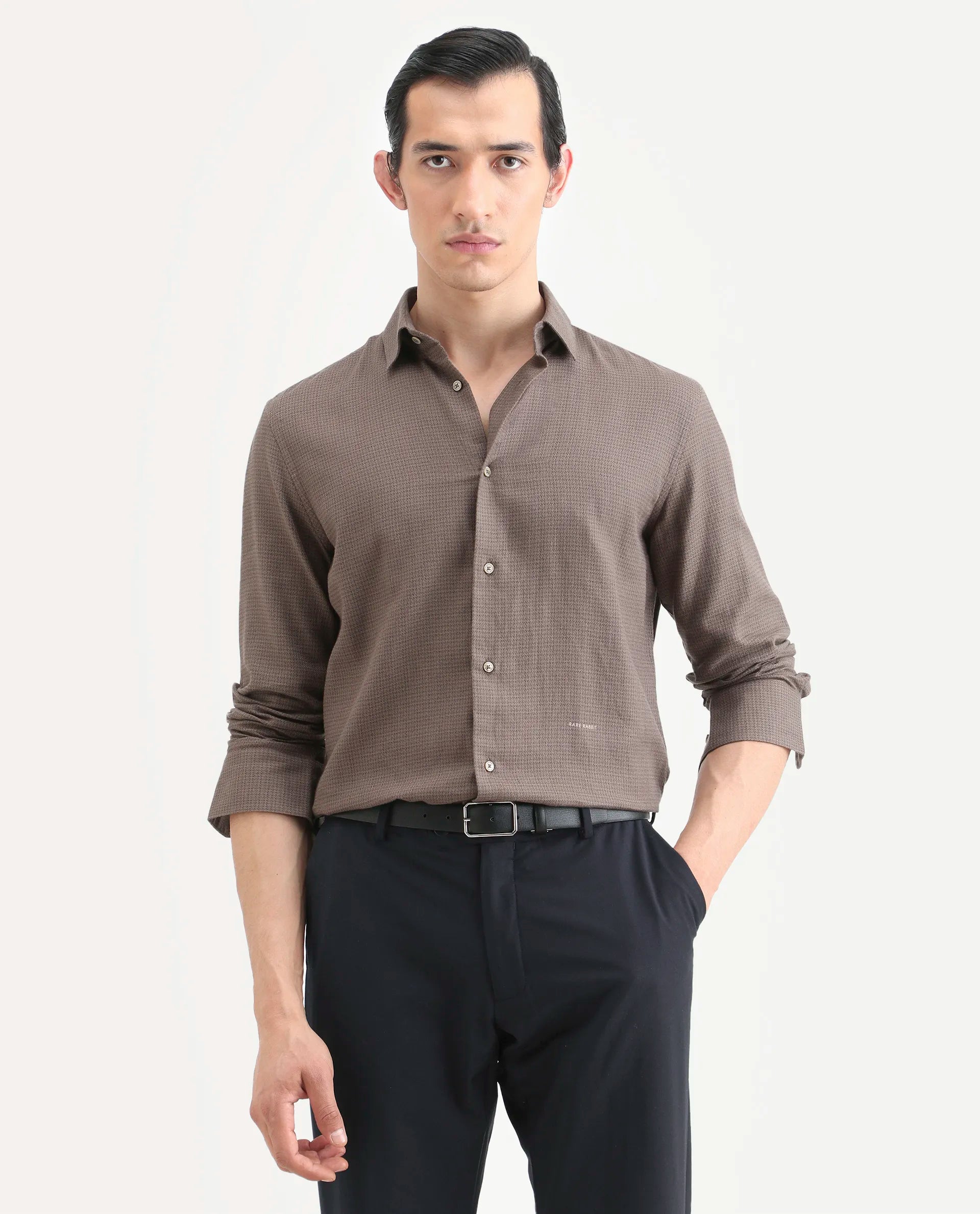 Rare Rabbit Men's Zail Brown Cotton Fabric Spread Collar Regular Fit Textured Shirt