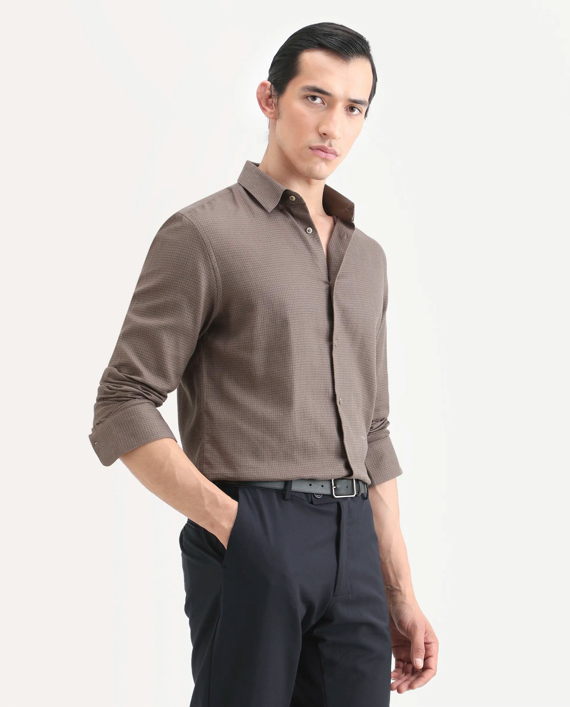 Rare Rabbit Men's Zail Brown Cotton Fabric Spread Collar Regular Fit Textured Shirt