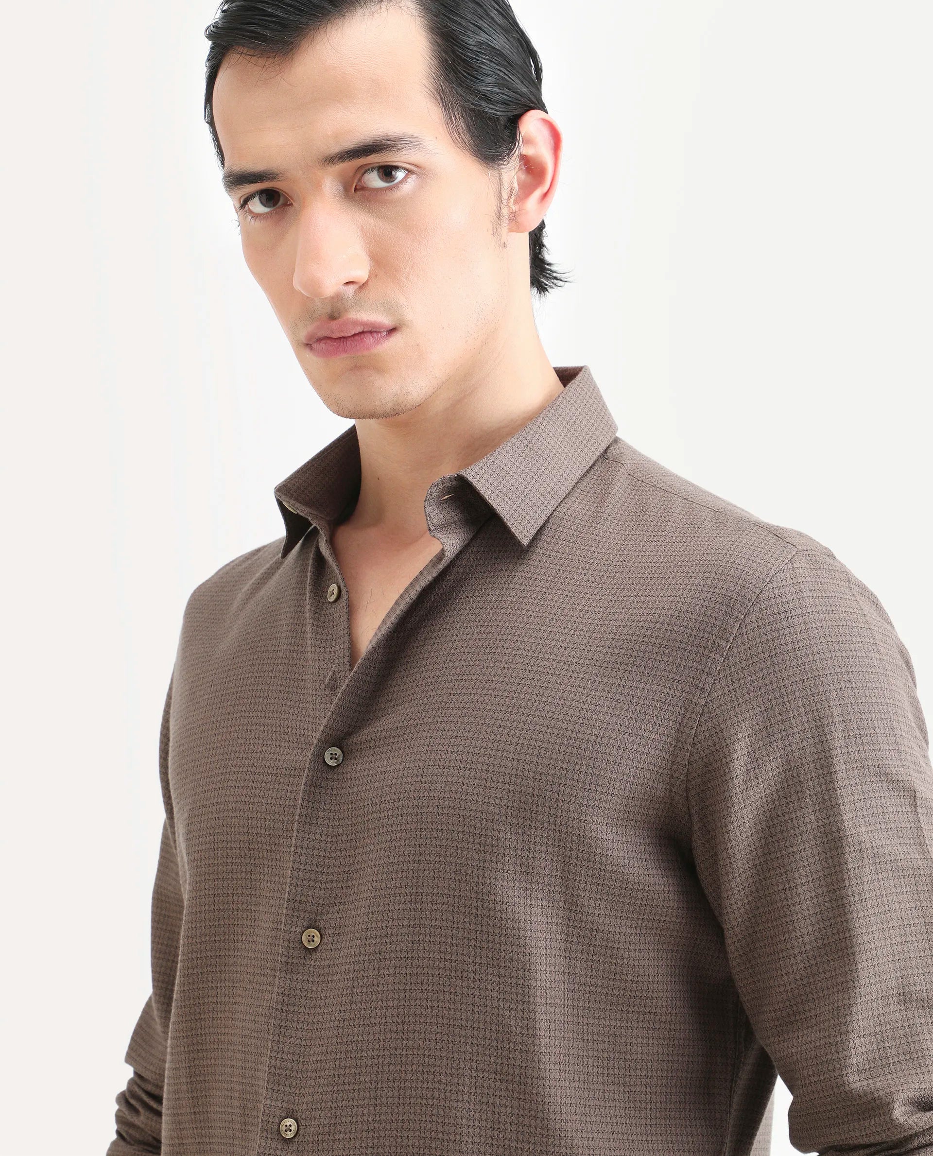 Rare Rabbit Men's Zail Brown Cotton Fabric Spread Collar Regular Fit Textured Shirt