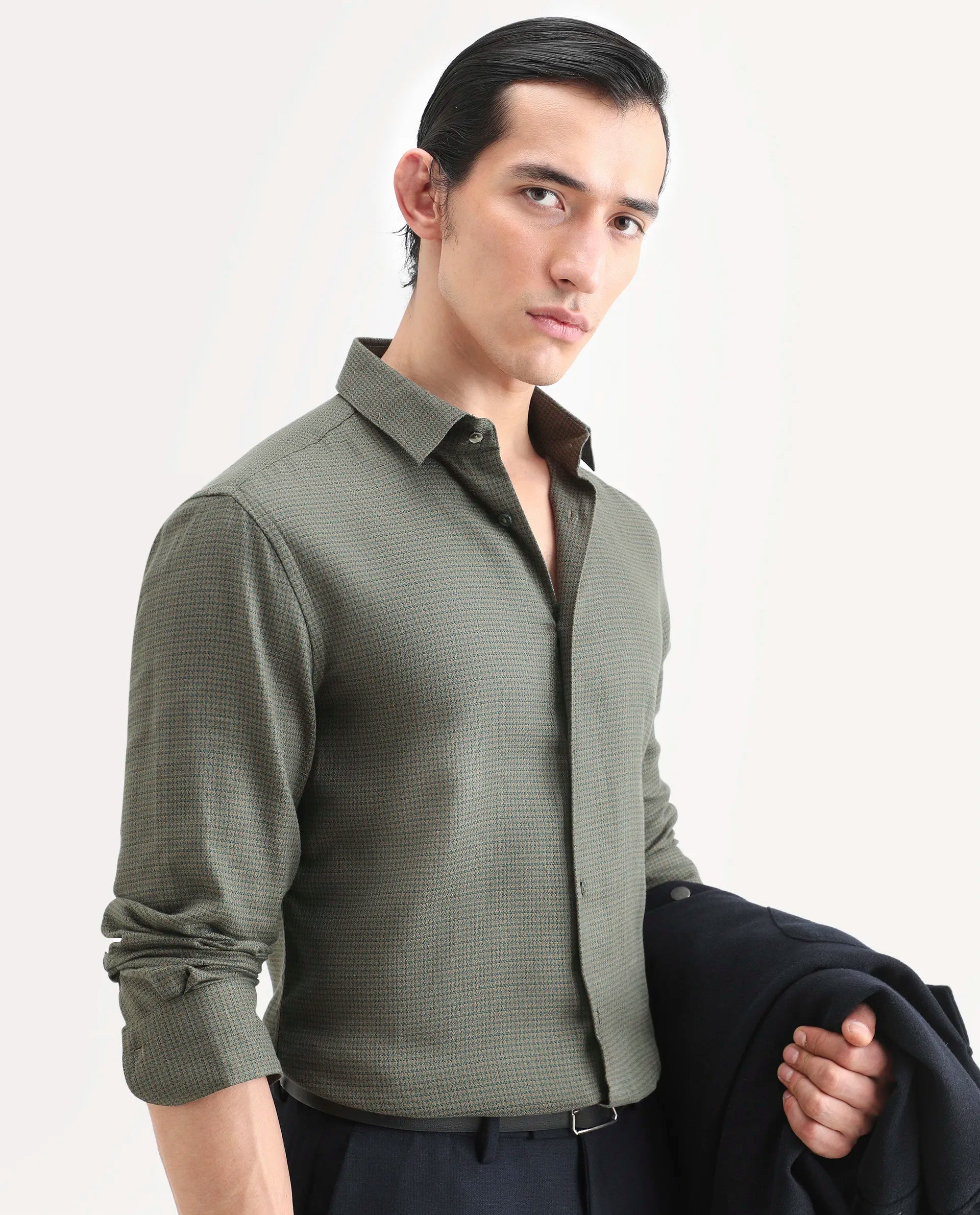 Rare Rabbit Men's Zail Green Cotton Fabric Spread Collar Regular Fit Textured Shirt