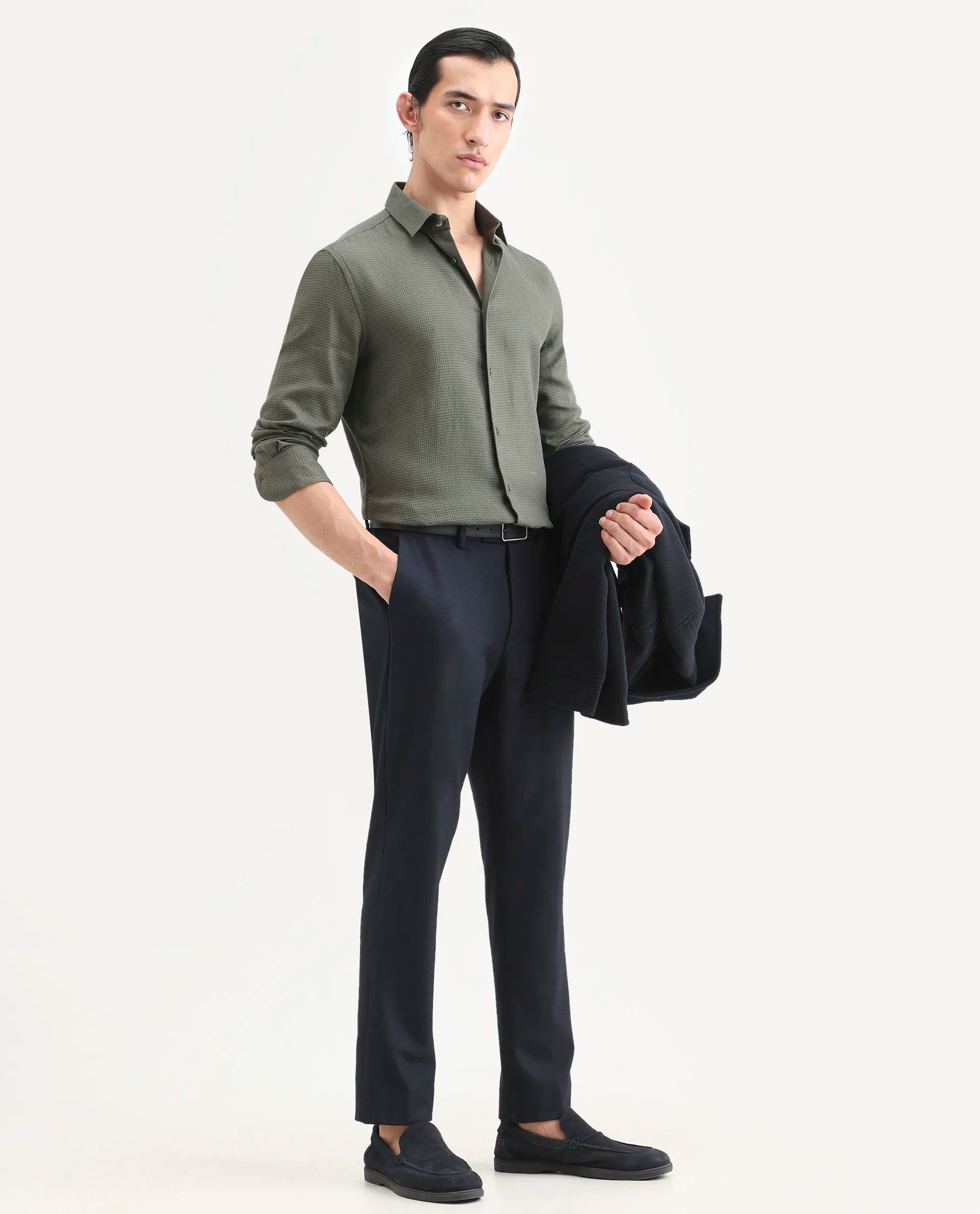 Rare Rabbit Men's Zail Green Cotton Fabric Spread Collar Regular Fit Textured Shirt