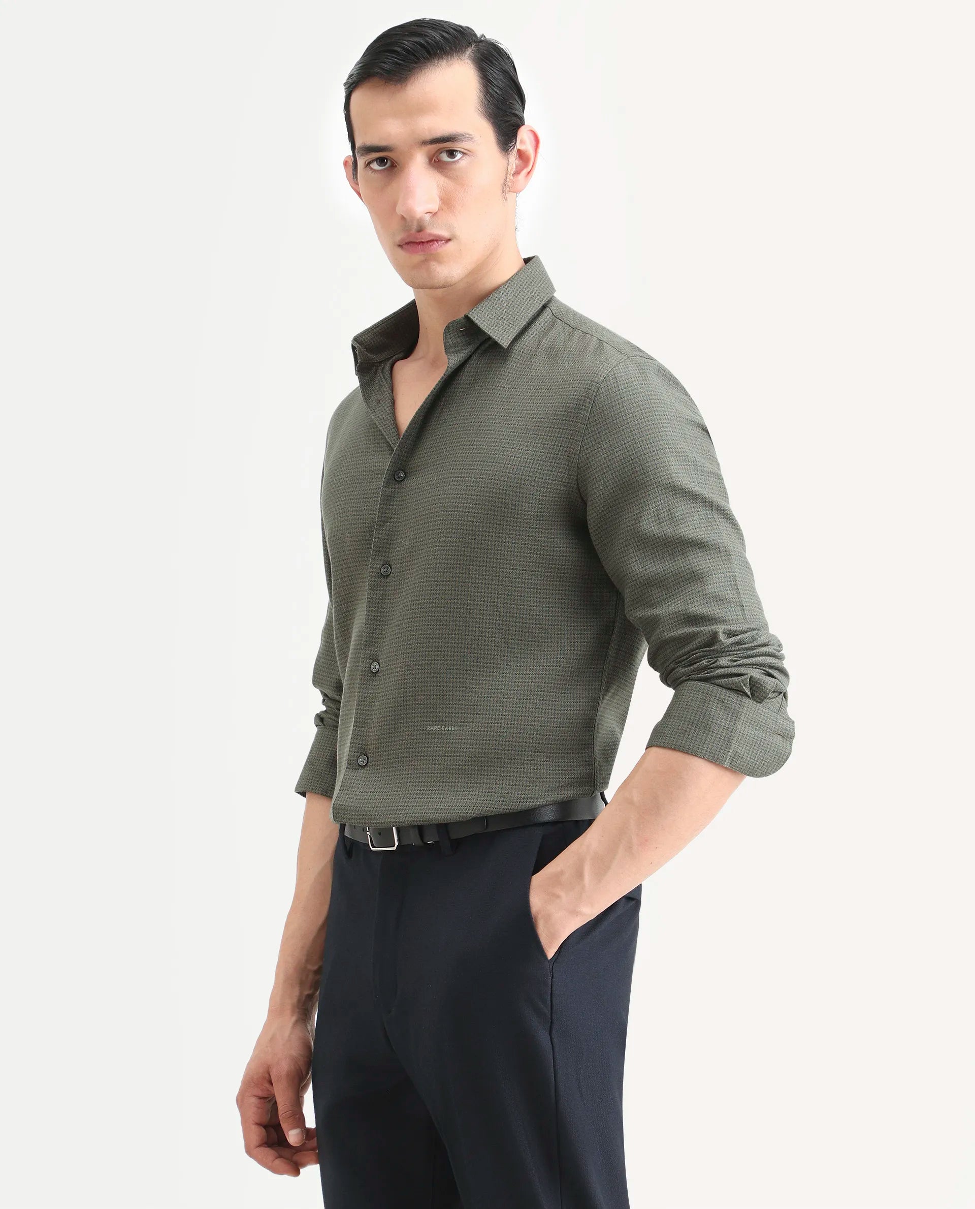Rare Rabbit Men's Zail Green Cotton Fabric Spread Collar Regular Fit Textured Shirt