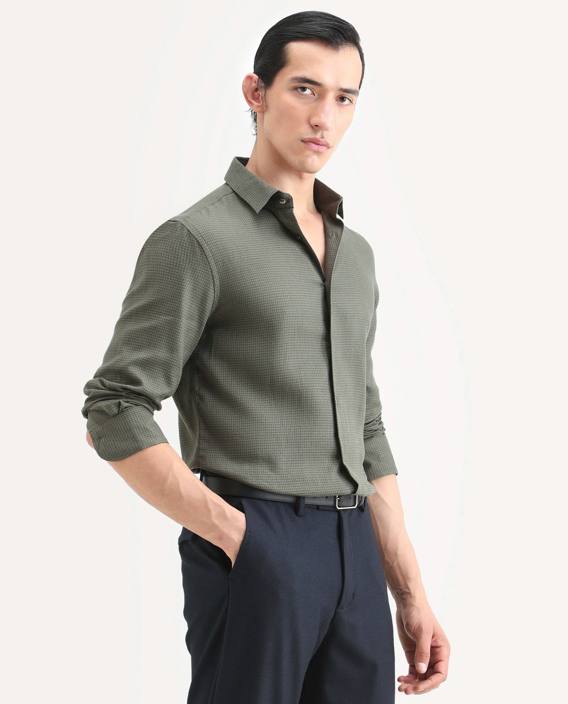 Rare Rabbit Men's Zail Green Cotton Fabric Spread Collar Regular Fit Textured Shirt