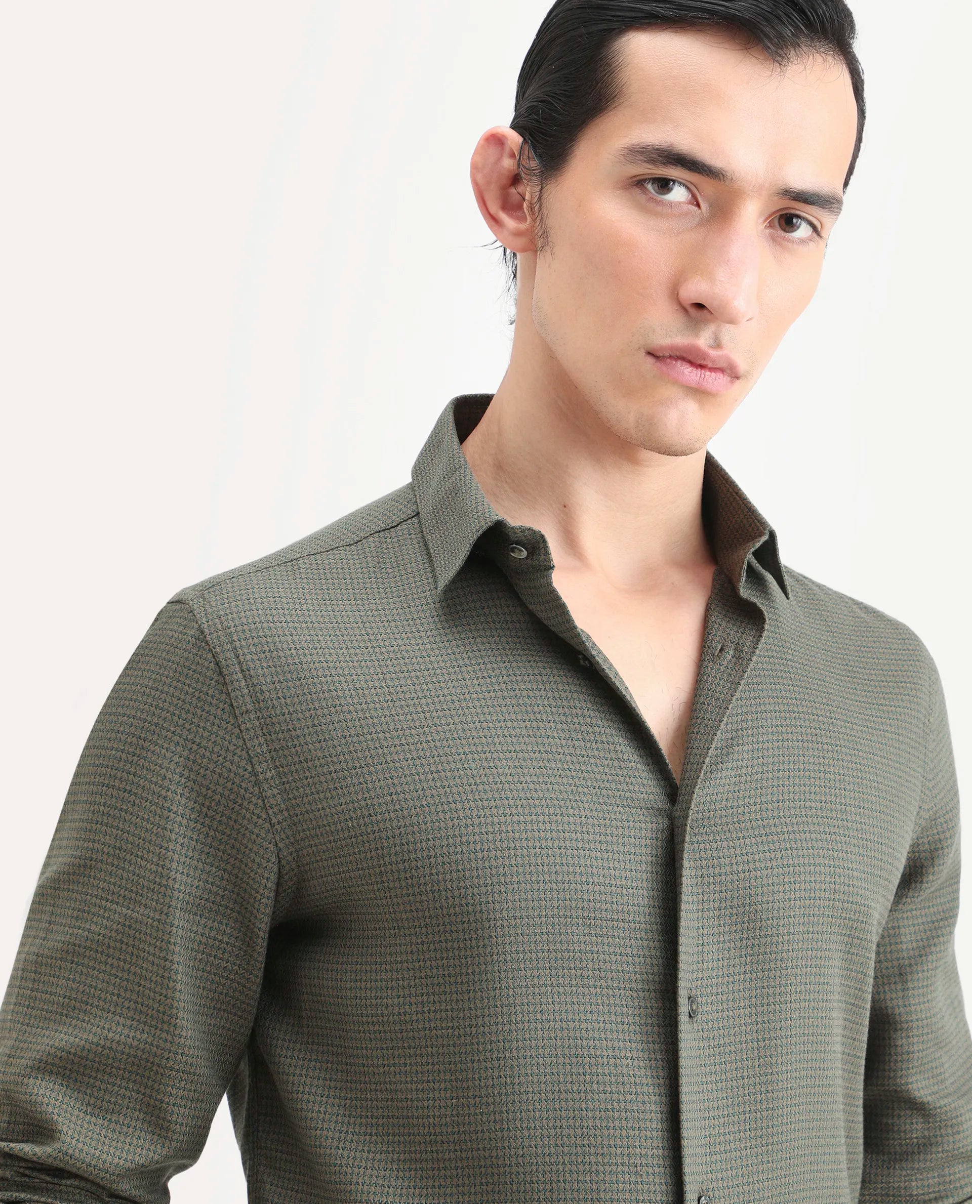Rare Rabbit Men's Zail Green Cotton Fabric Spread Collar Regular Fit Textured Shirt