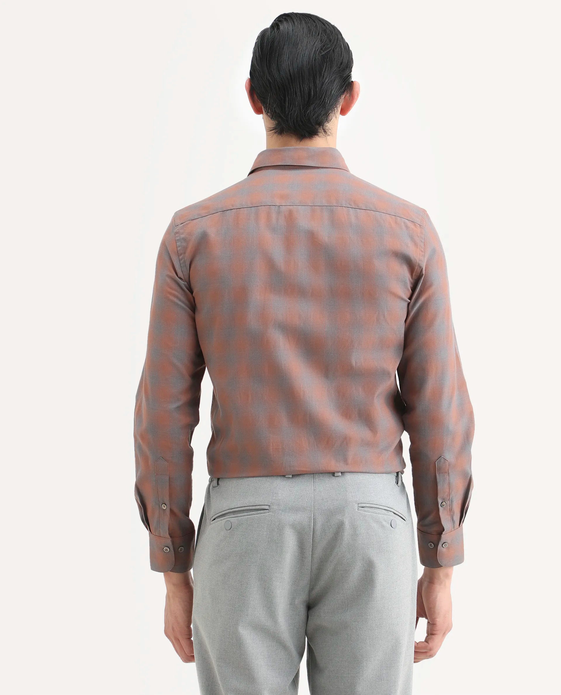 Rare Rabbit Men's Movo Dusky Rust Cotton Blend Checked Print Regular Fit Full Sleeve Collared Shirt