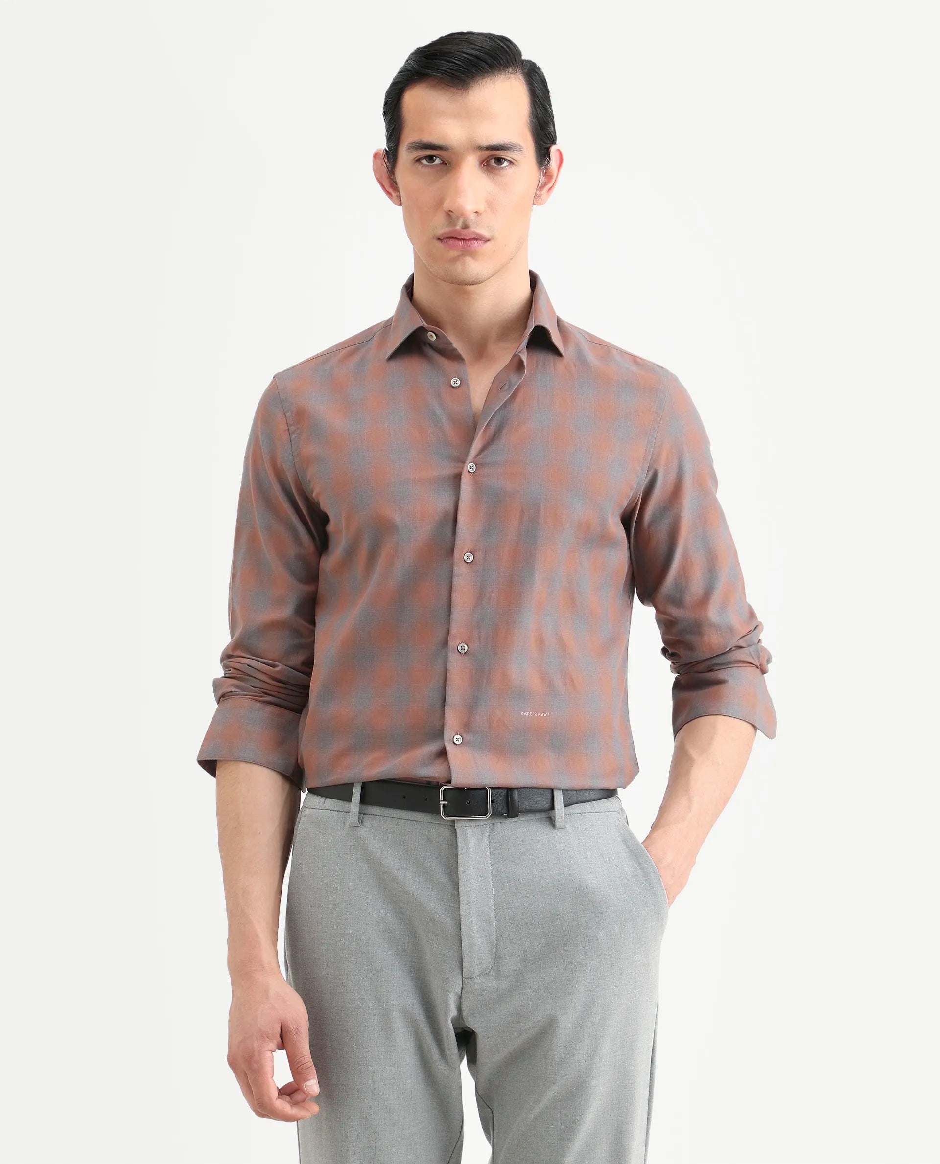 Rare Rabbit Men's Movo Dusky Rust Cotton Blend Checked Print Regular Fit Full Sleeve Collared Shirt