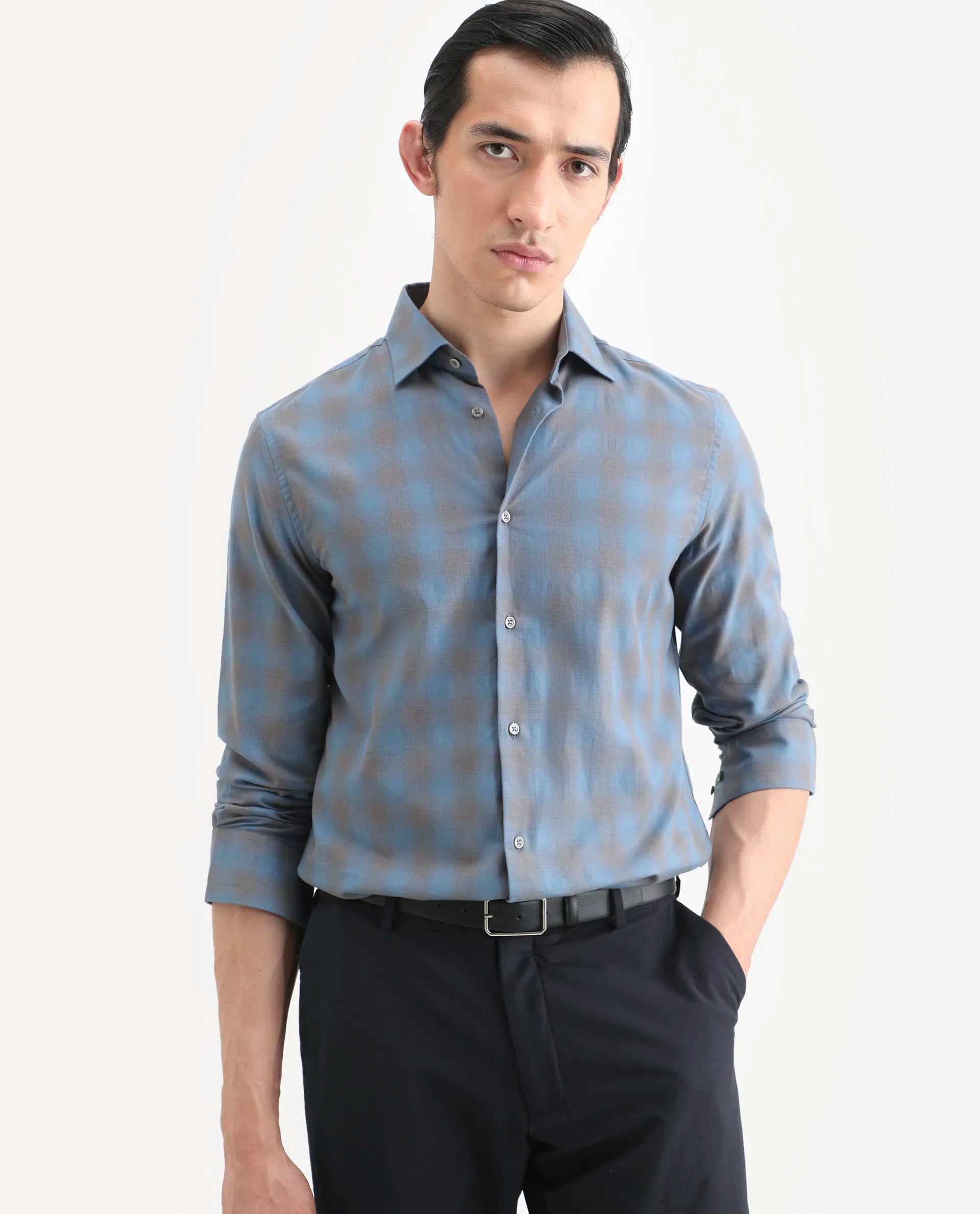 Rare Rabbit Men's Movo Dusky Blue Cotton Blend Checked Print Regular Fit Full Sleeve Collared Shirt