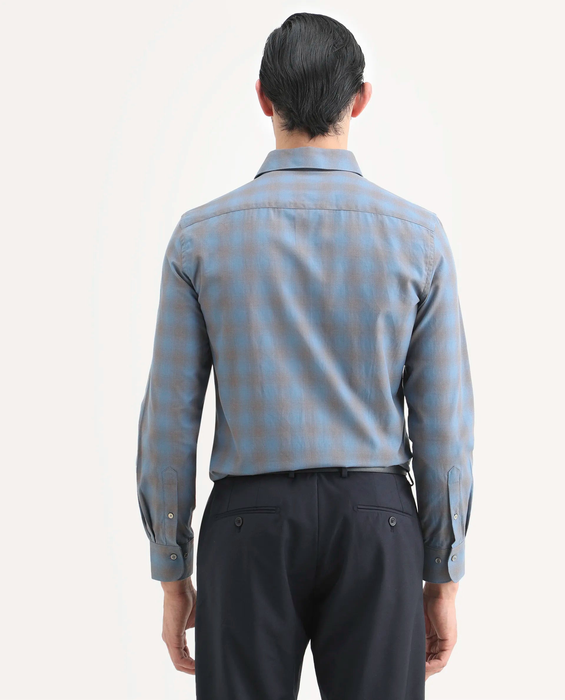 Rare Rabbit Men's Movo Dusky Blue Cotton Blend Checked Print Regular Fit Full Sleeve Collared Shirt