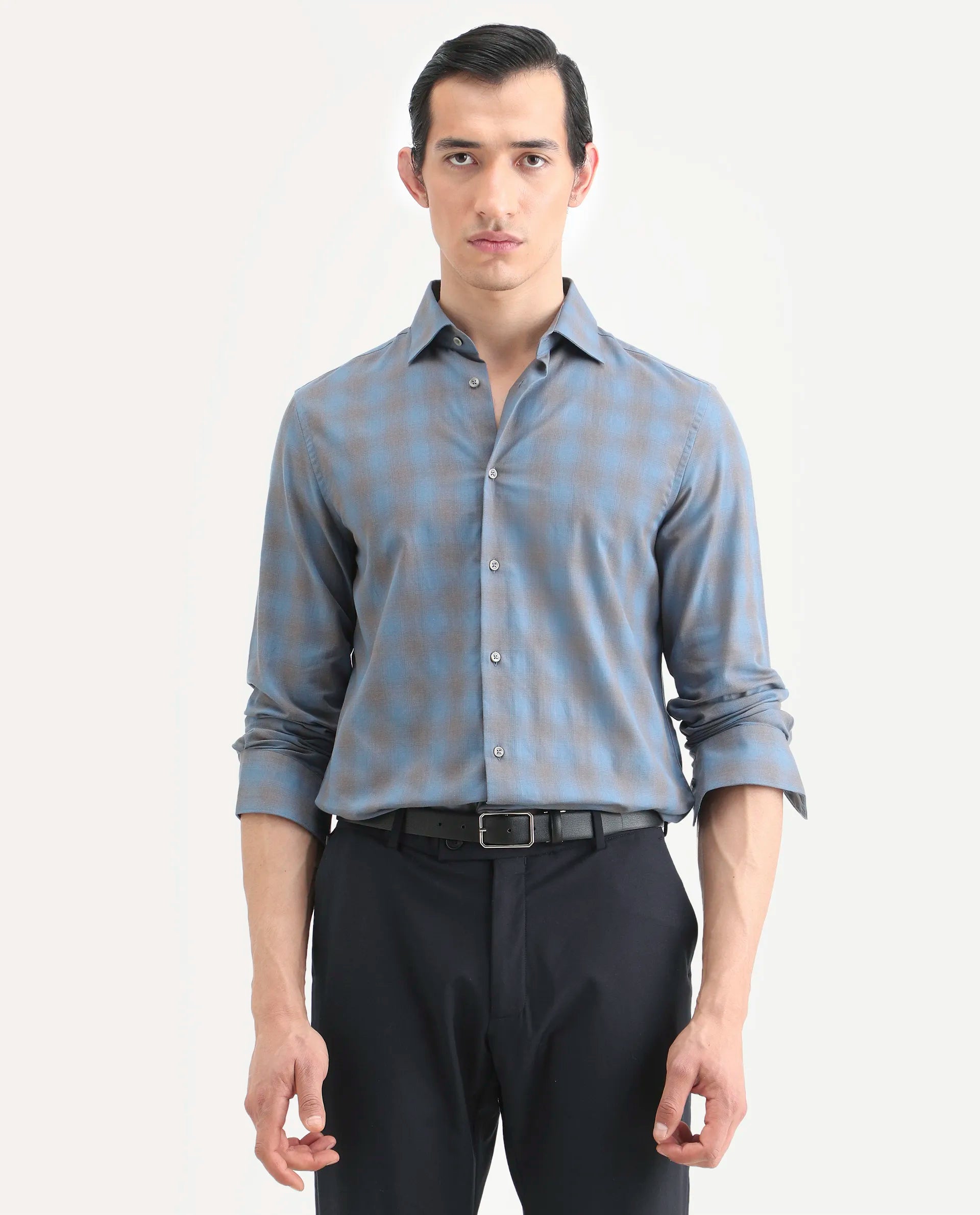 Rare Rabbit Men's Movo Dusky Blue Cotton Blend Checked Print Regular Fit Full Sleeve Collared Shirt