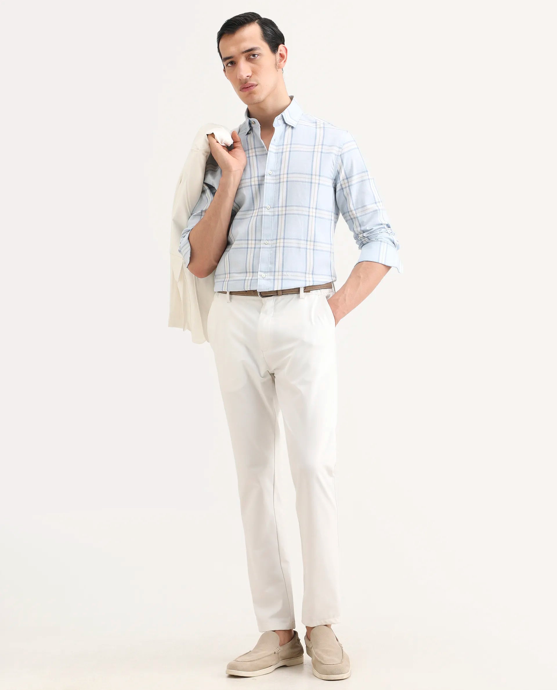 Rare Rabbit Men's Suni Light Blue Cotton Fabric Collared Neck Regular Checked Shirt