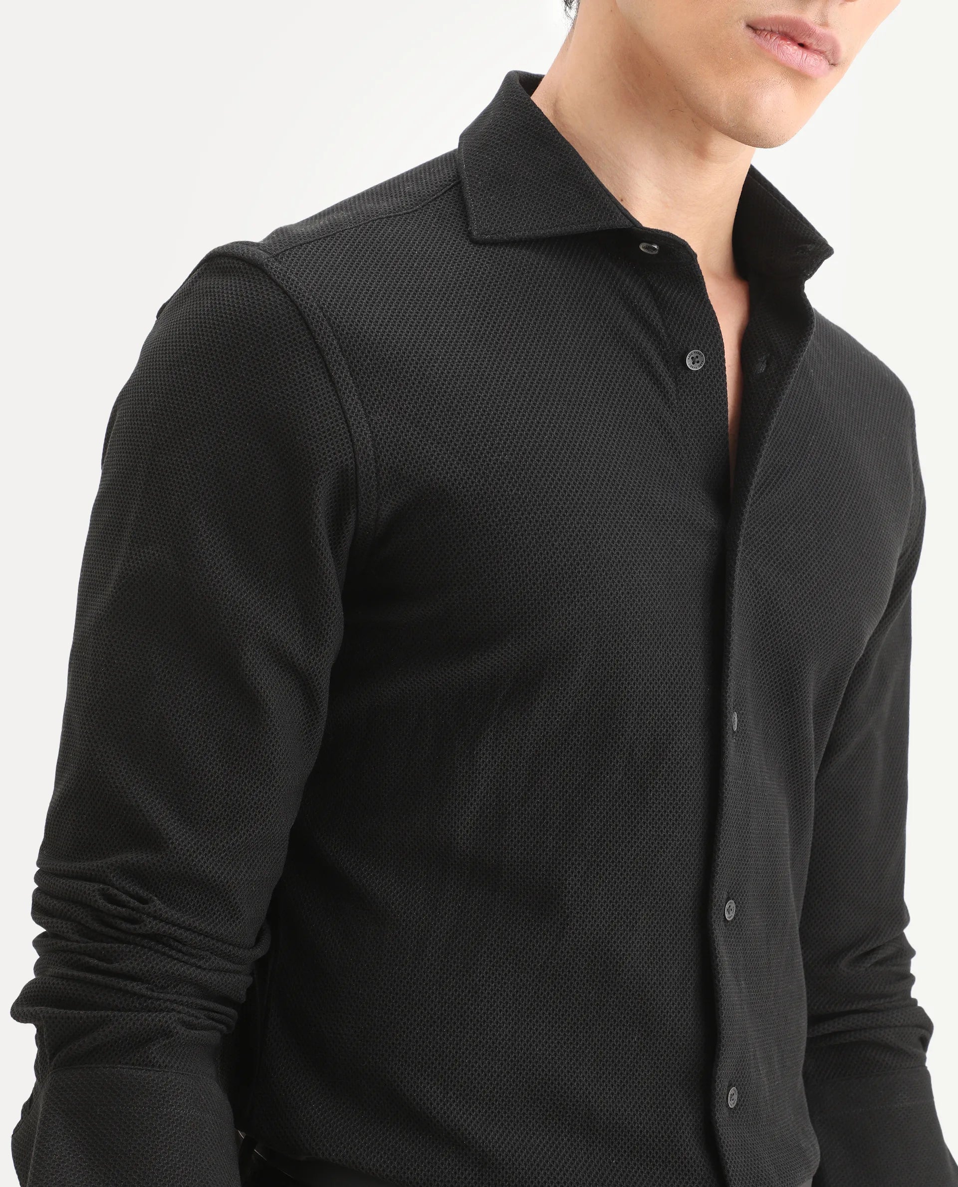 Rare Rabbit Men's Venziya-25 Black Cotton Fabric Spread Collar Regular Fit Textured Shirt