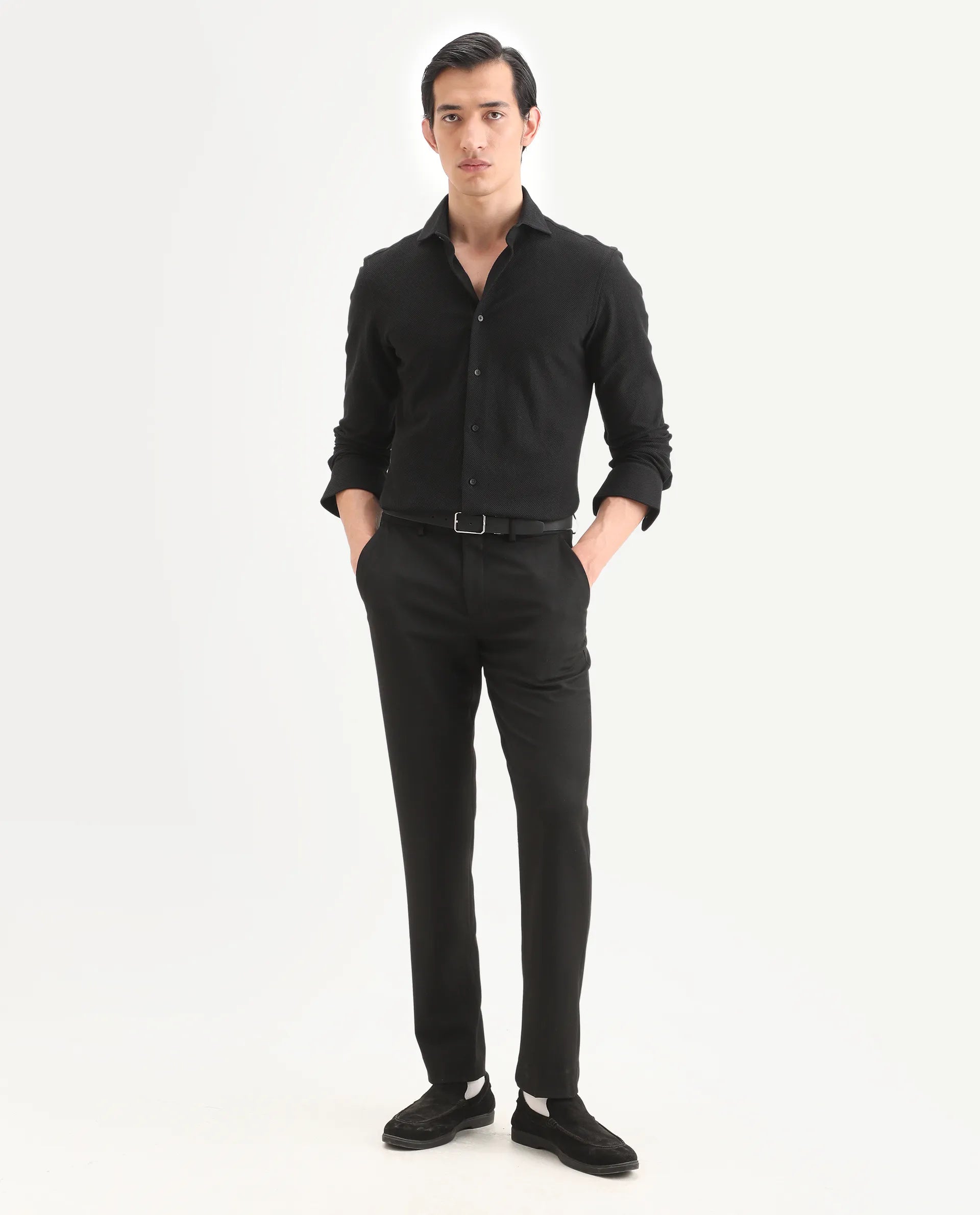 Rare Rabbit Men's Venziya-25 Black Cotton Fabric Spread Collar Regular Fit Textured Shirt