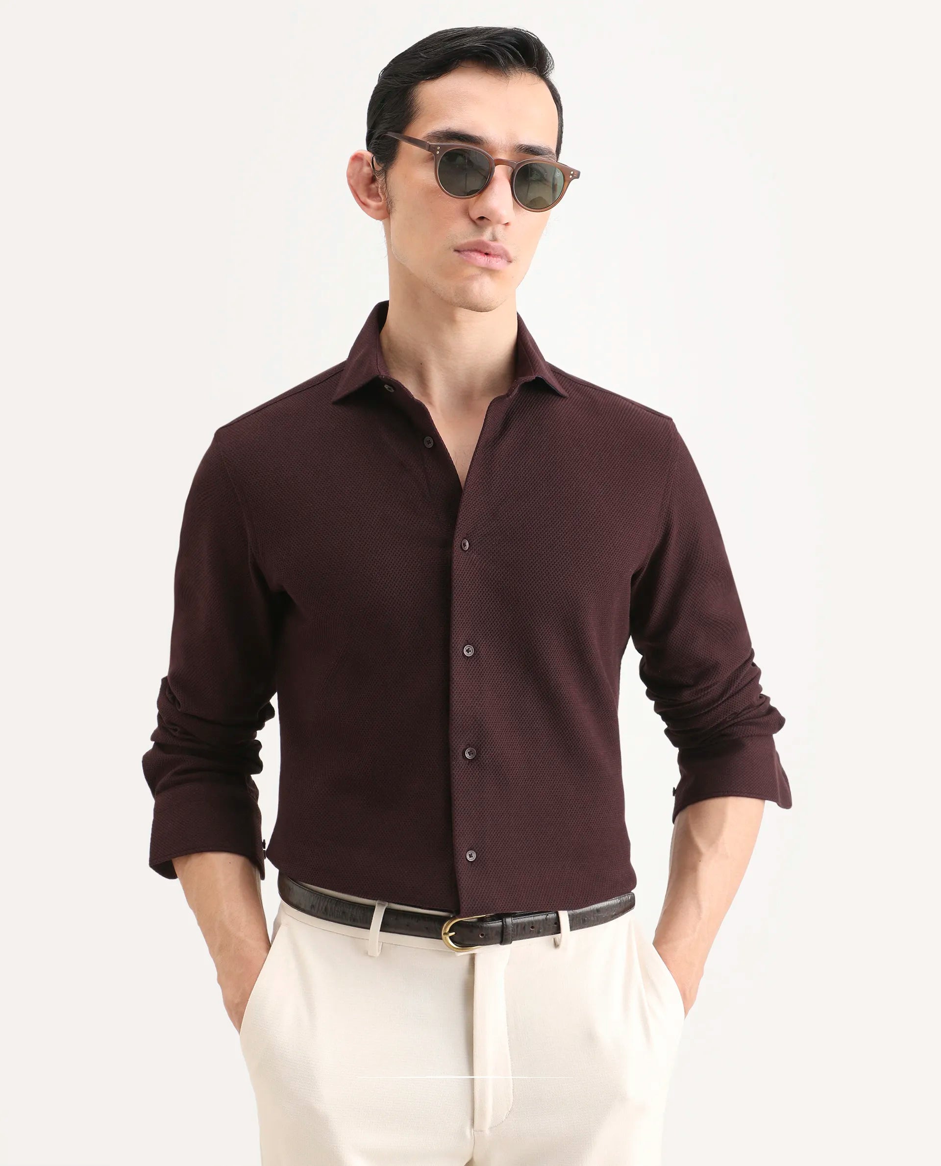 Rare Rabbit Men's Venziya-25 Dark Maroon Cotton Fabric Spread Collar Regular Fit Textured Shirt