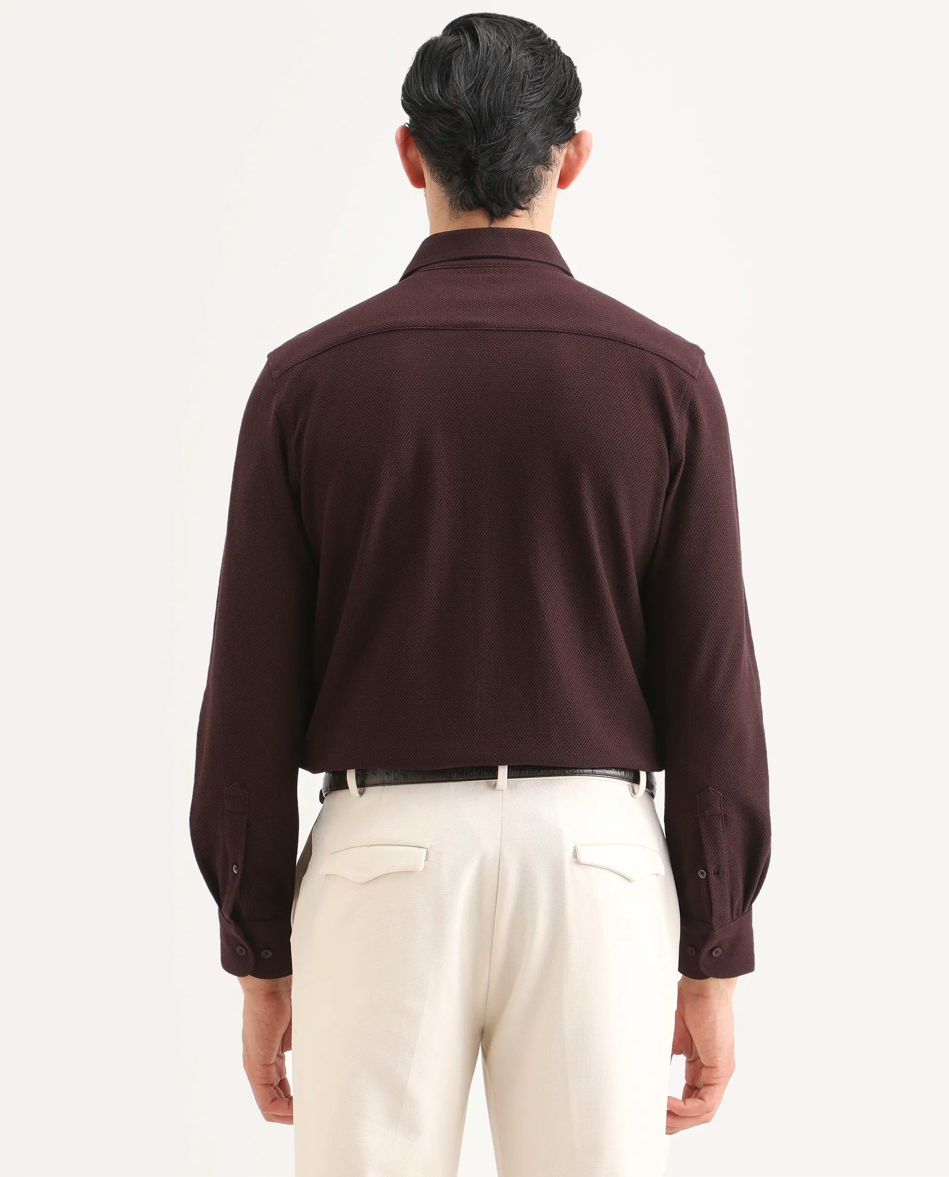 Rare Rabbit Men's Venziya-25 Dark Maroon Cotton Fabric Spread Collar Regular Fit Textured Shirt