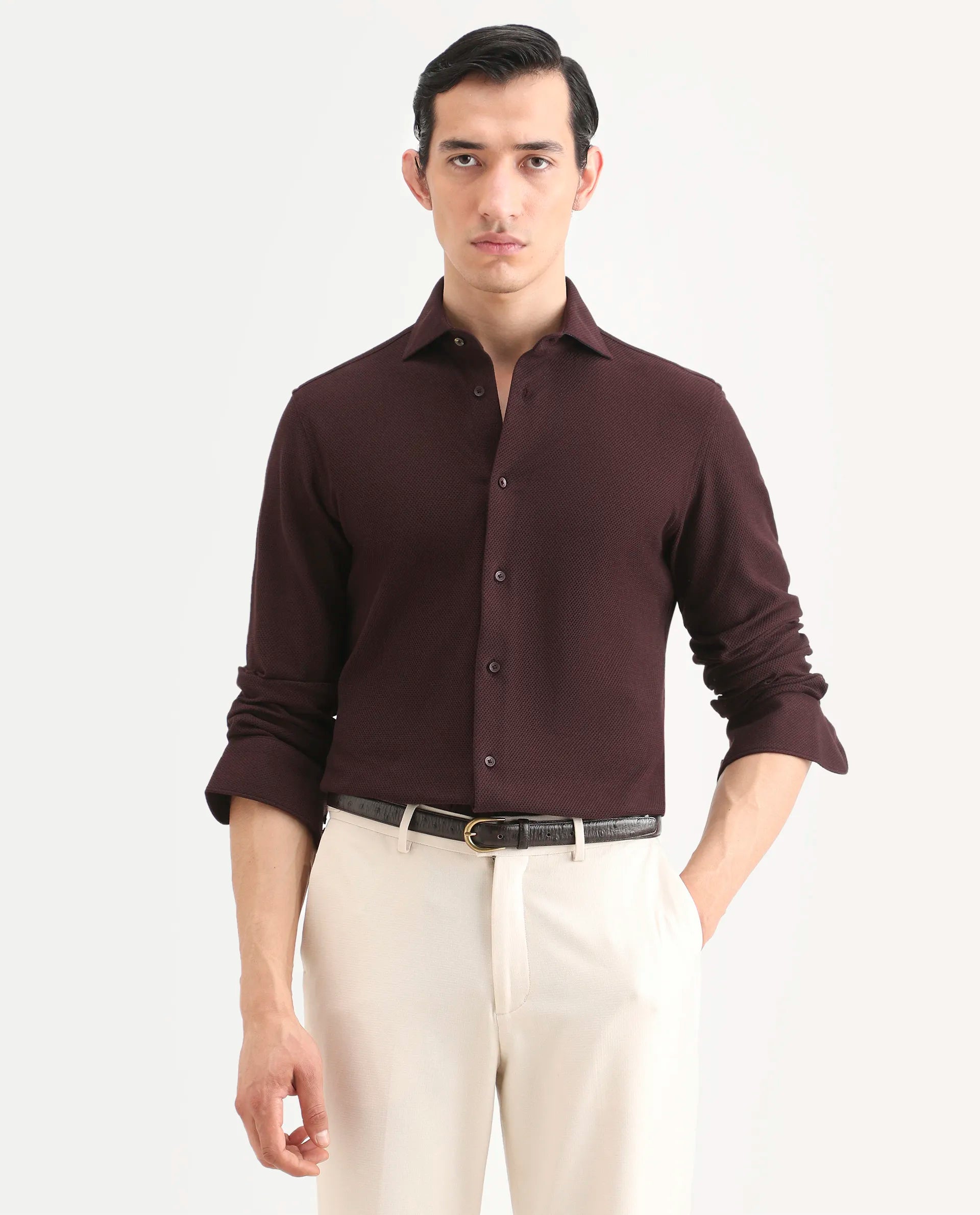 Rare Rabbit Men's Venziya-25 Dark Maroon Cotton Fabric Spread Collar Regular Fit Textured Shirt