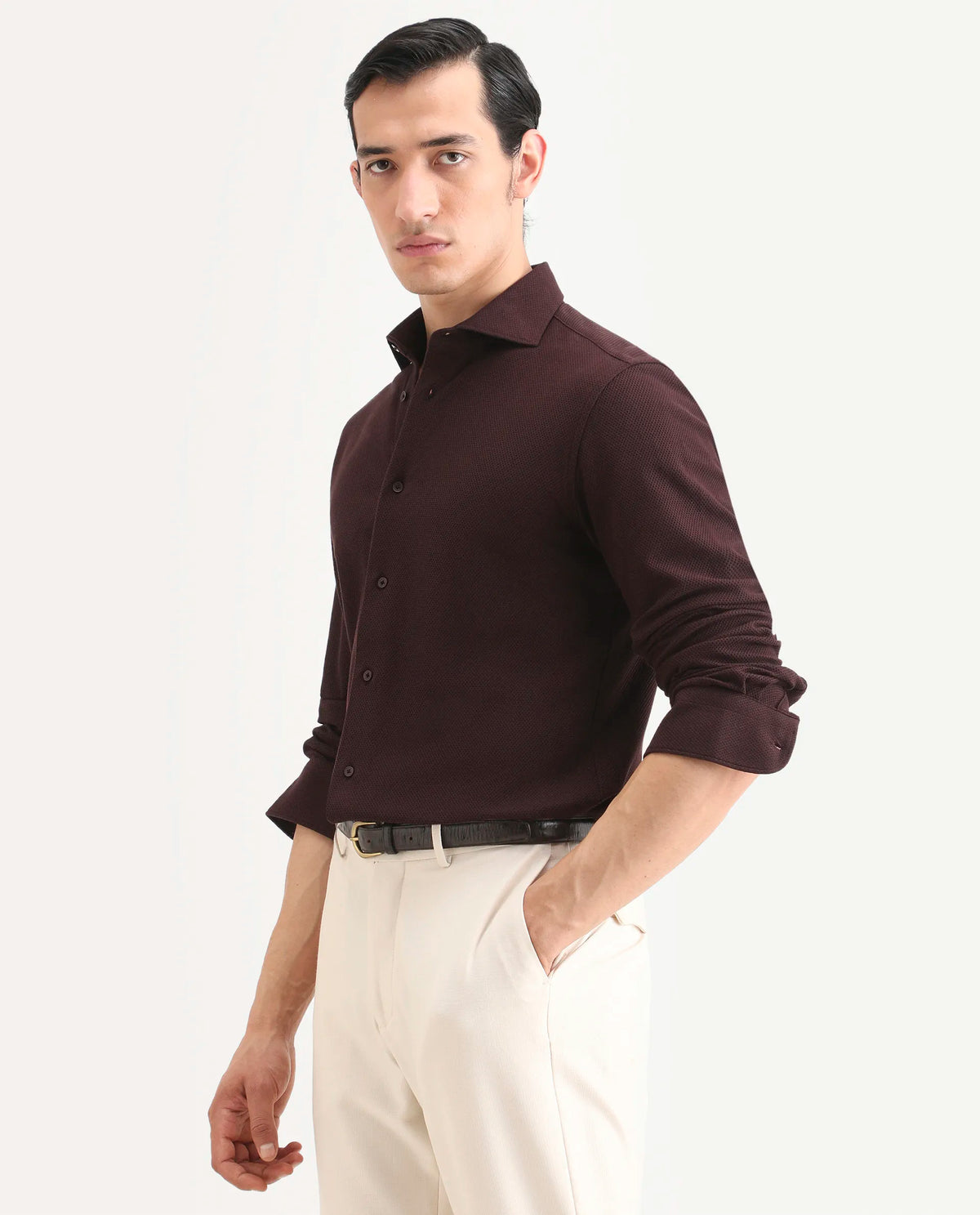 Rare Rabbit Men's Venziya-25 Dark Maroon Cotton Fabric Spread Collar Regular Fit Textured Shirt