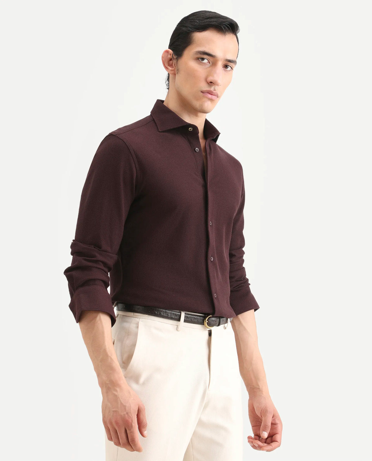 Rare Rabbit Men's Venziya-25 Dark Maroon Cotton Fabric Spread Collar Regular Fit Textured Shirt