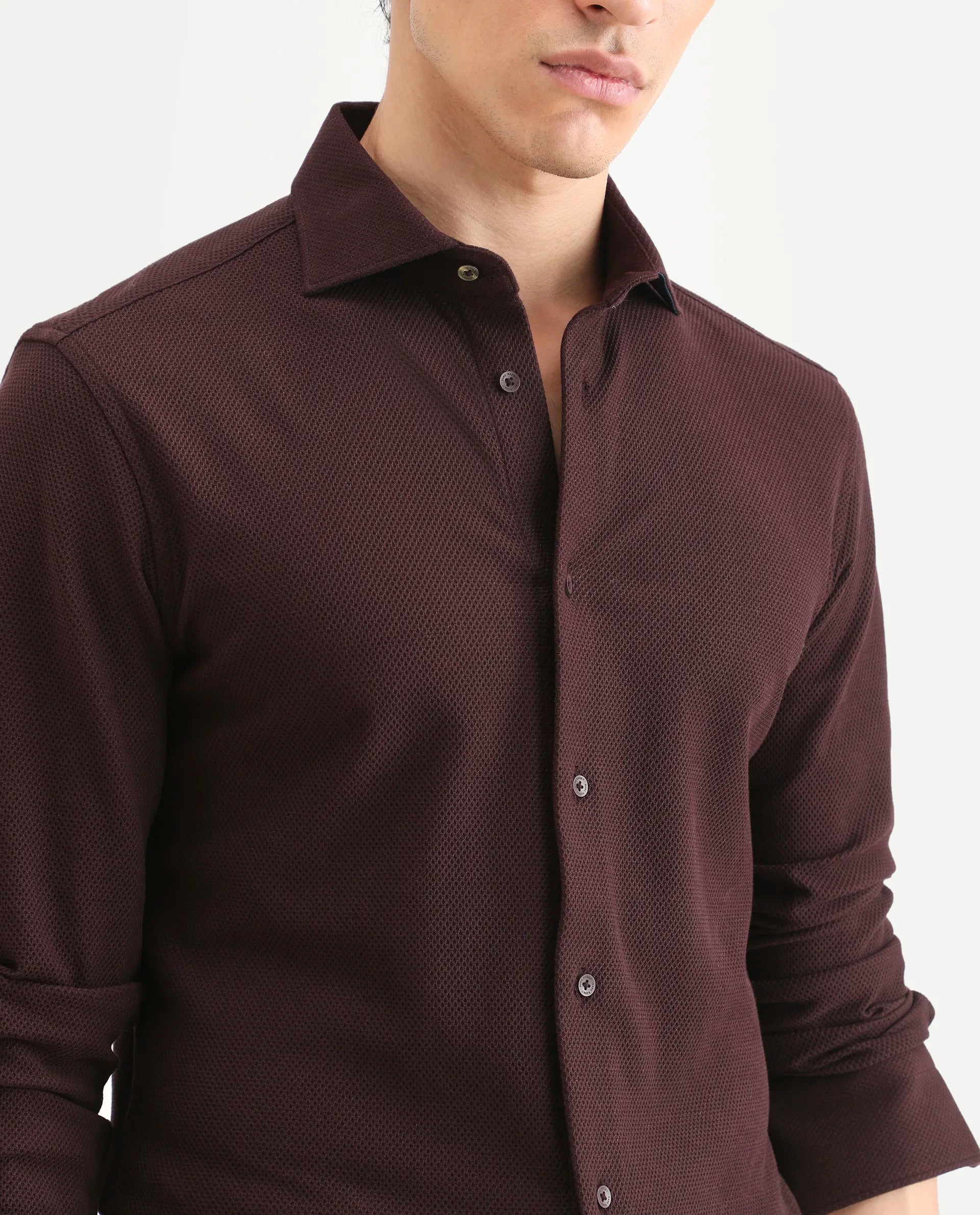 Rare Rabbit Men's Venziya-25 Dark Maroon Cotton Fabric Spread Collar Regular Fit Textured Shirt