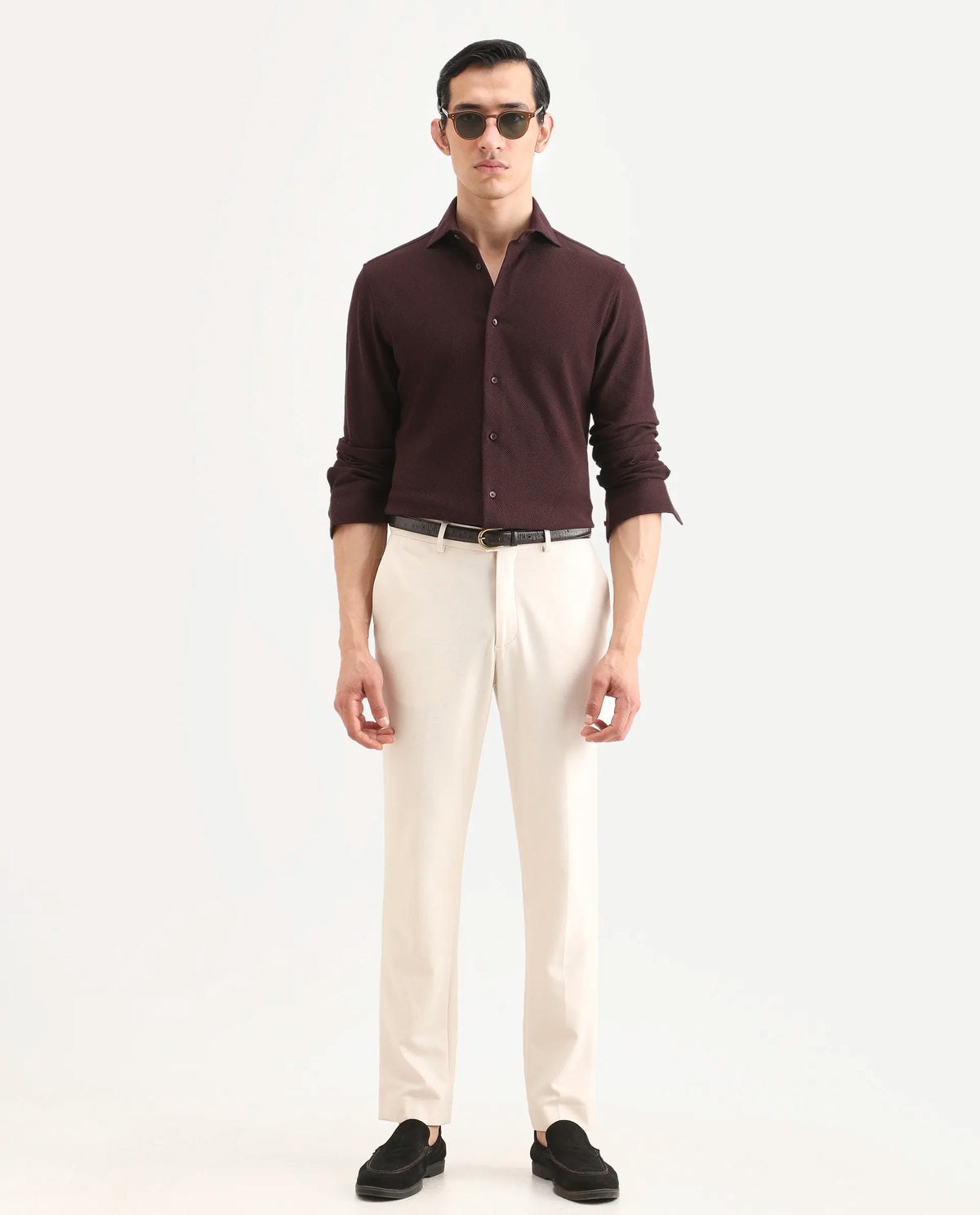 Rare Rabbit Men's Venziya-25 Dark Maroon Cotton Fabric Spread Collar Regular Fit Textured Shirt