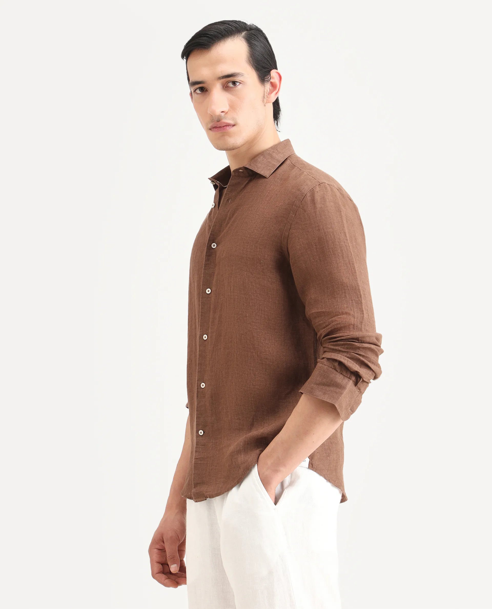 Rare Rabbit Men's Borium-25 Brown 100% Linen Fabric Spread Collar Regular Fit Plain Shirt