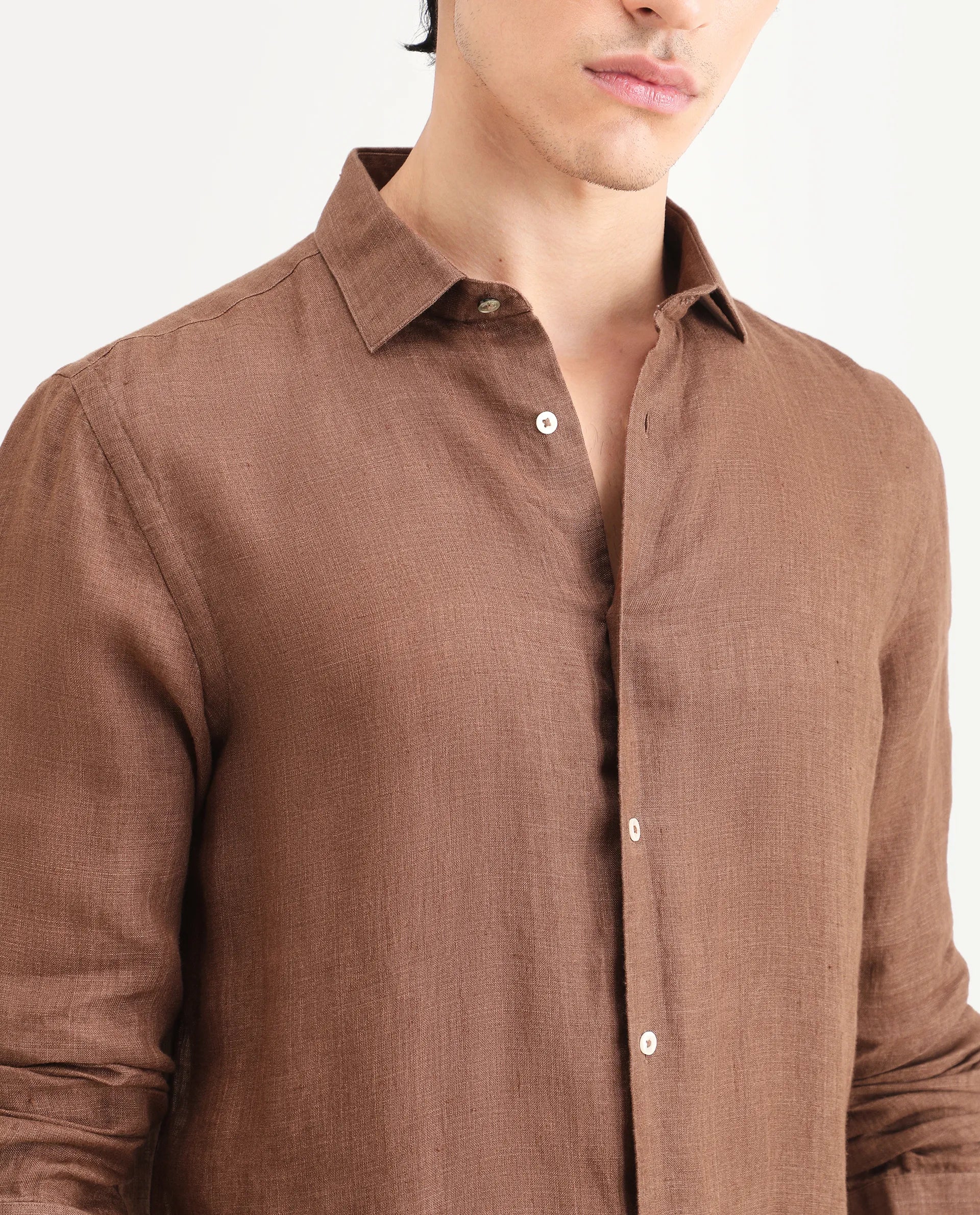 Rare Rabbit Men's Borium-25 Brown 100% Linen Fabric Spread Collar Regular Fit Plain Shirt