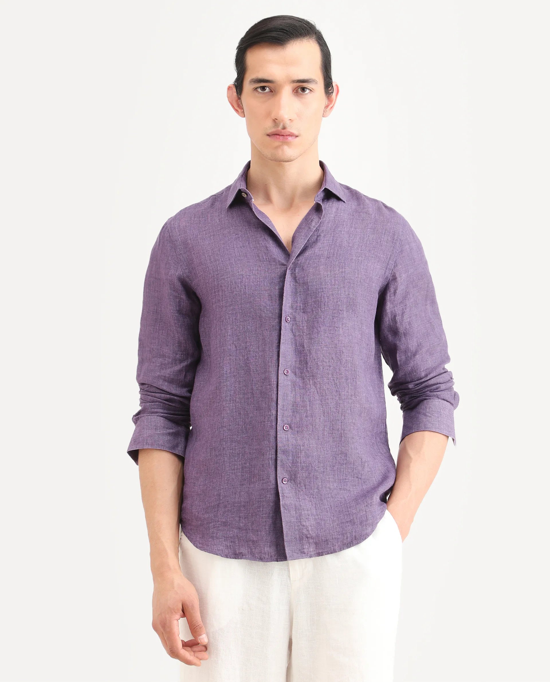 Rare Rabbit Men's Borium-25 Purple 100% Linen Fabric Spread Collar Regular Fit Plain Shirt