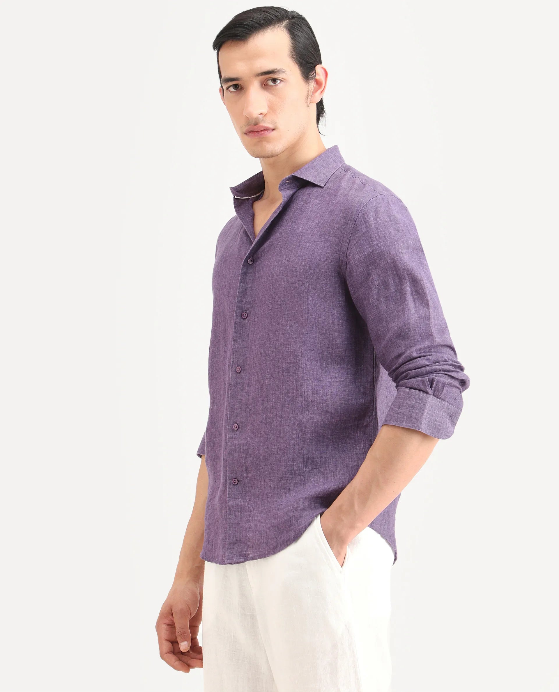 Rare Rabbit Men's Borium-25 Purple 100% Linen Fabric Spread Collar Regular Fit Plain Shirt
