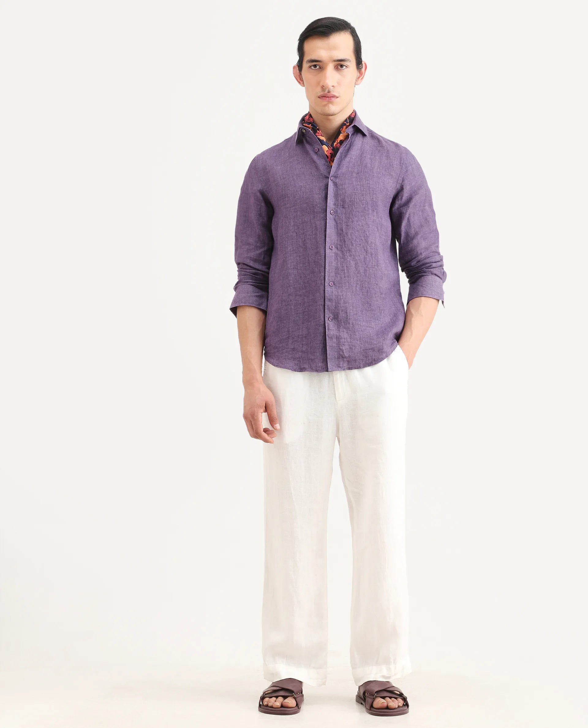 Rare Rabbit Men's Borium-25 Purple 100% Linen Fabric Spread Collar Regular Fit Plain Shirt