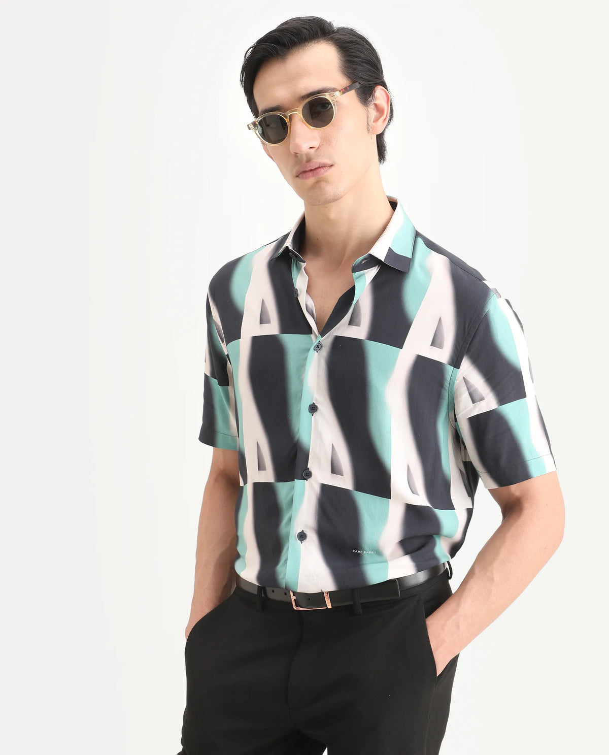 Rare Rabbit Men's Retro Truq Viscose Fabric Collared Neck Regular Printed Shirt