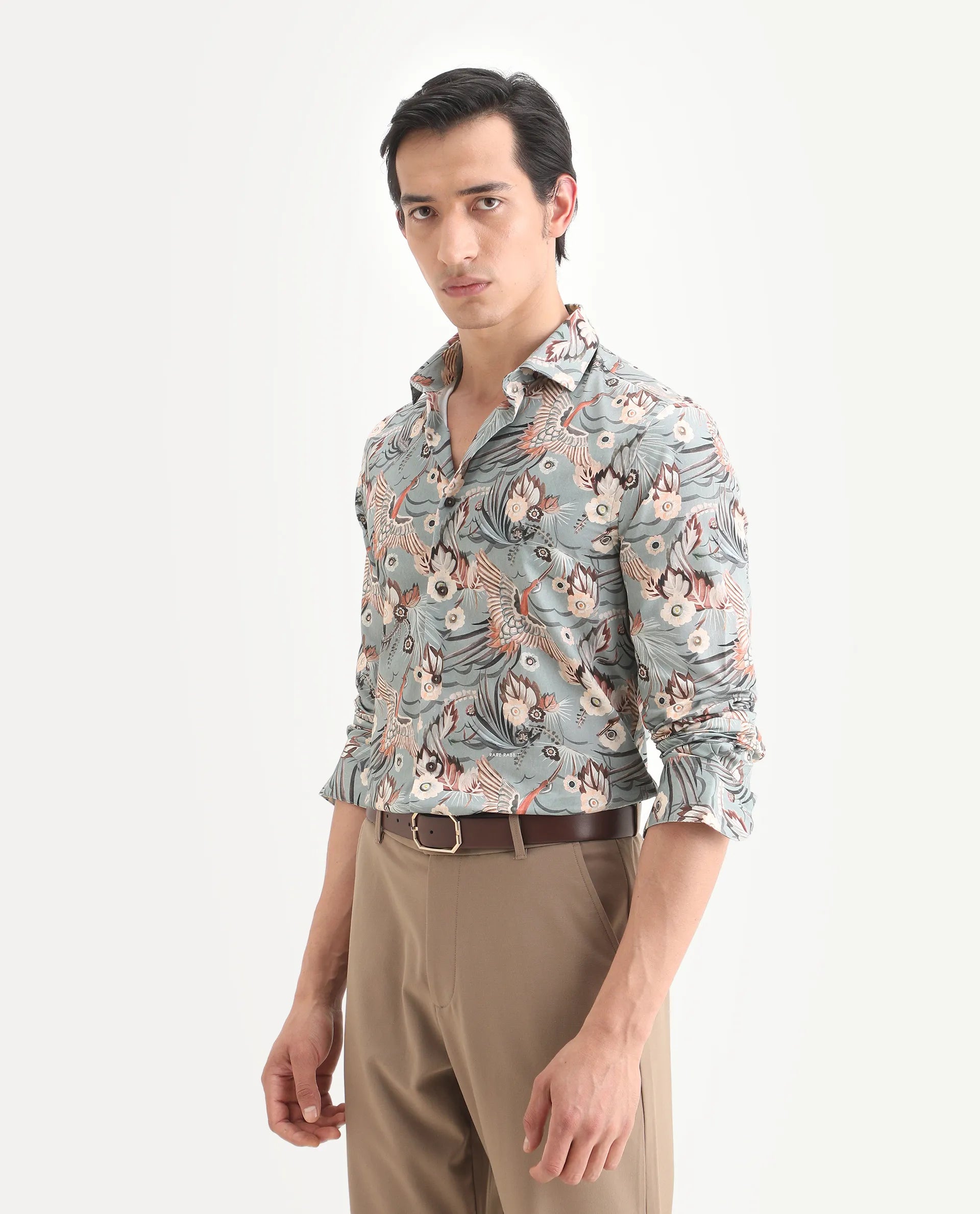 Rare Rabbit Men's Yori Dusky Green Cotton Fabric Collared Neck Regular Printed Shirt