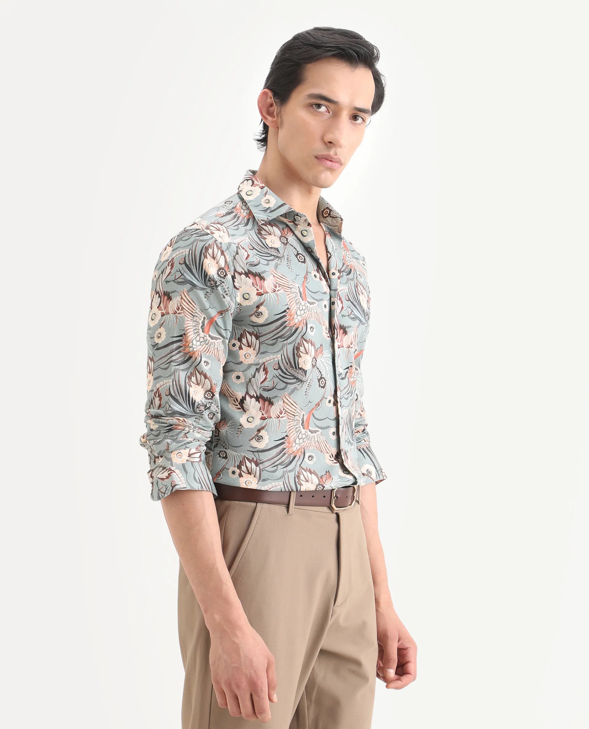 Rare Rabbit Men's Yori Dusky Green Cotton Fabric Collared Neck Regular Printed Shirt