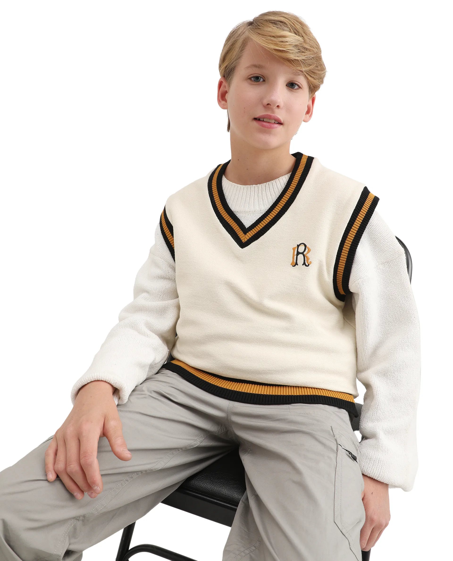 Rare Ones Kids Half Off White Cotton Blend Pull-On Closure Monogram Print Oversized Fit Sweater