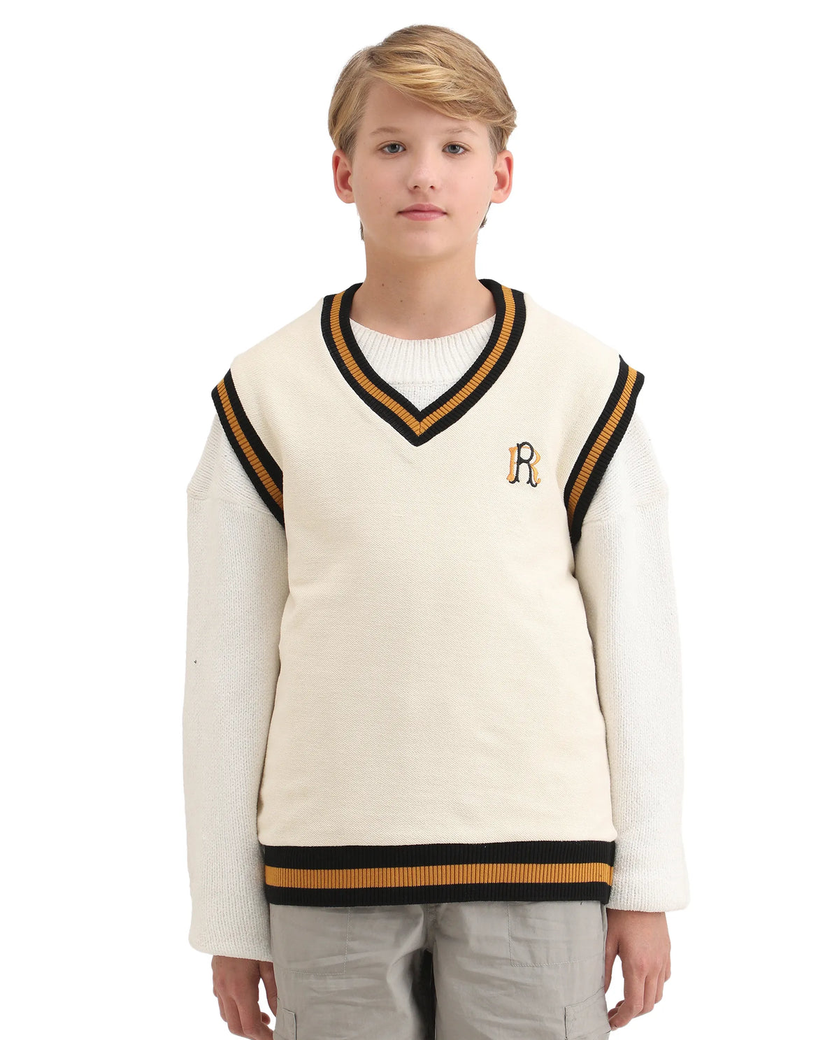 Rare Ones Kids Half Off White Cotton Blend Pull-On Closure Monogram Print Oversized Fit Sweater