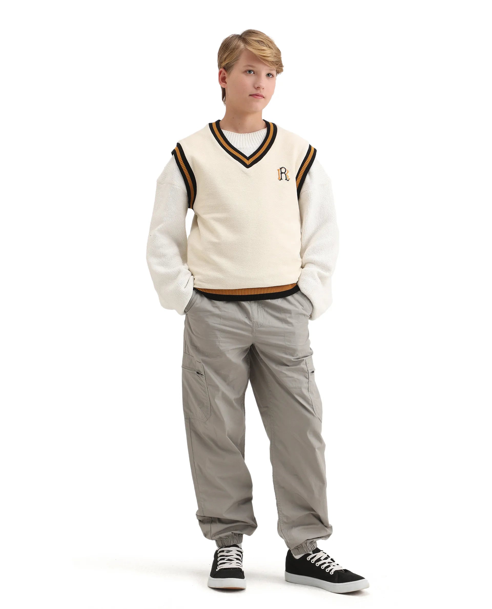 Rare Ones Kids Half Off White Cotton Blend Pull-On Closure Monogram Print Oversized Fit Sweater