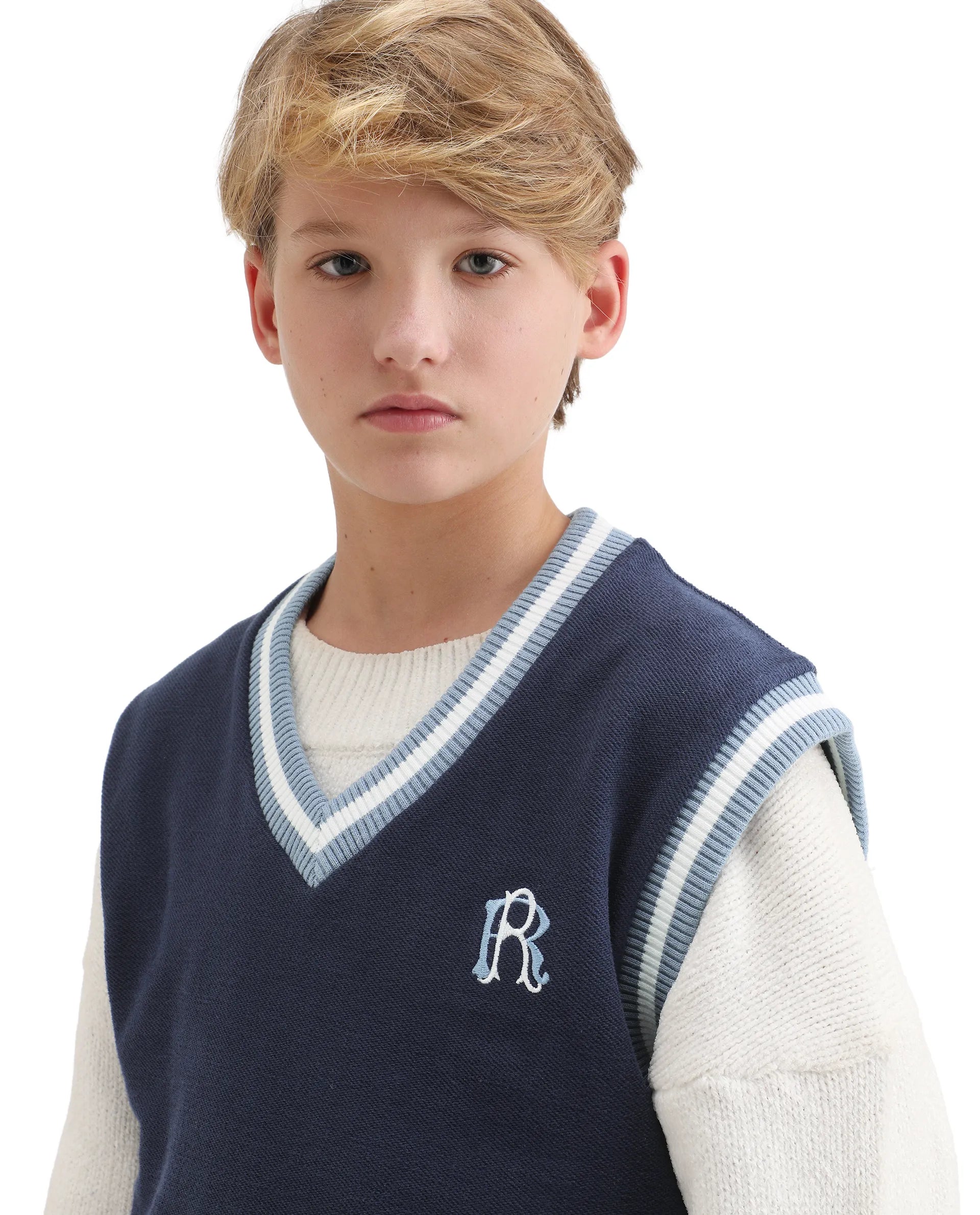 Rare Ones Kids Half Navy Cotton Blend Pull-On Closure Monogram Print Oversized Fit Sweater