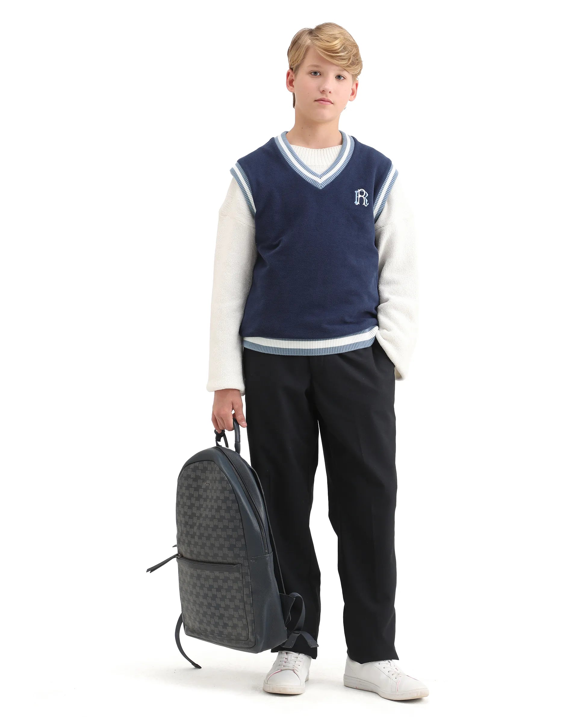 Rare Ones Kids Half Navy Cotton Blend Pull-On Closure Monogram Print Oversized Fit Sweater