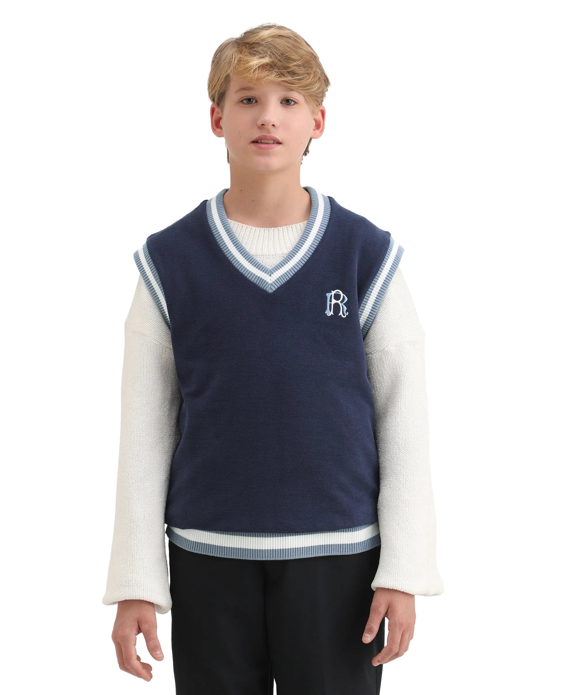 Rare Ones Kids Half Navy Cotton Blend Pull-On Closure Monogram Print Oversized Fit Sweater