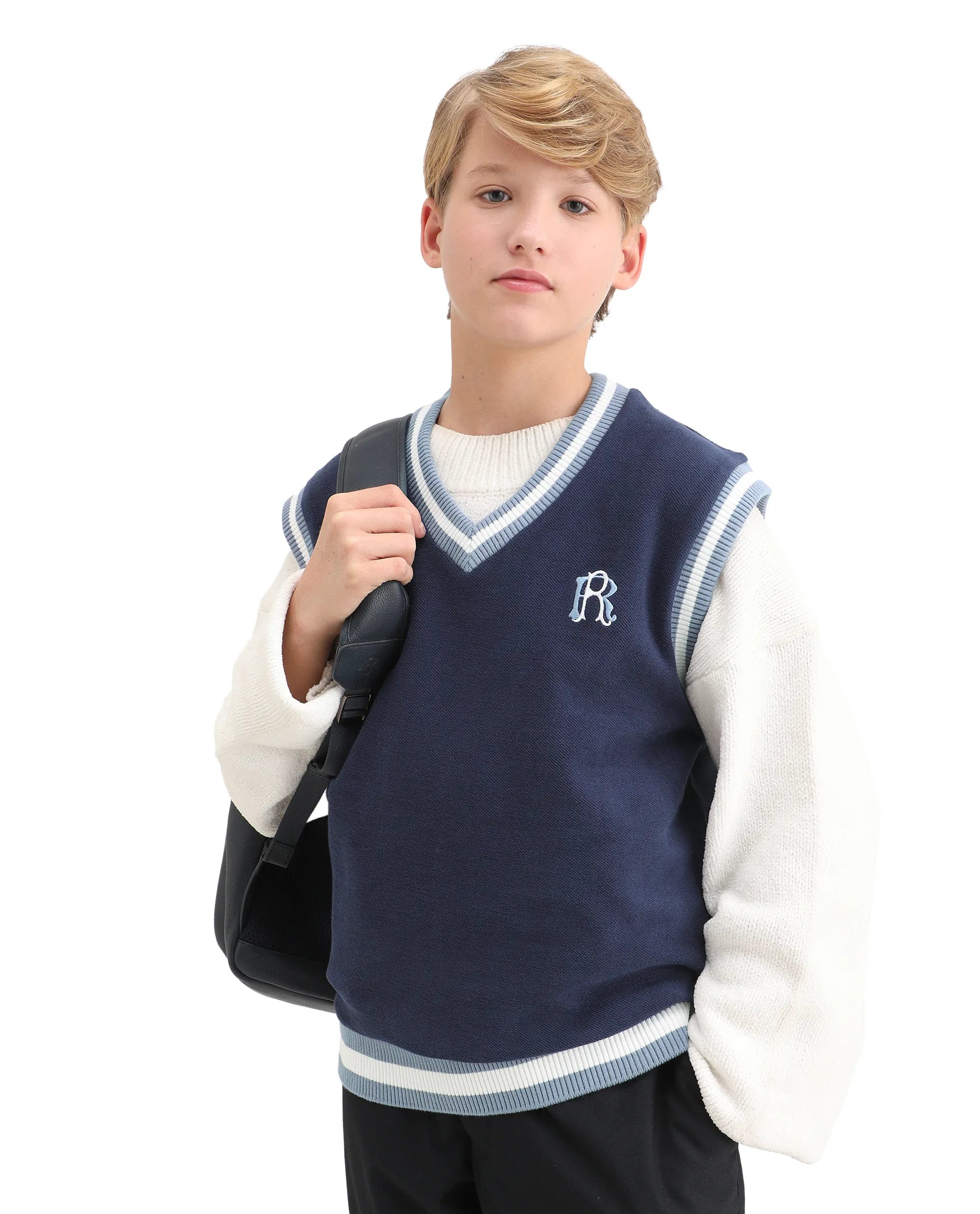 Rare Ones Kids Half Navy Cotton Blend Pull-On Closure Monogram Print Oversized Fit Sweater