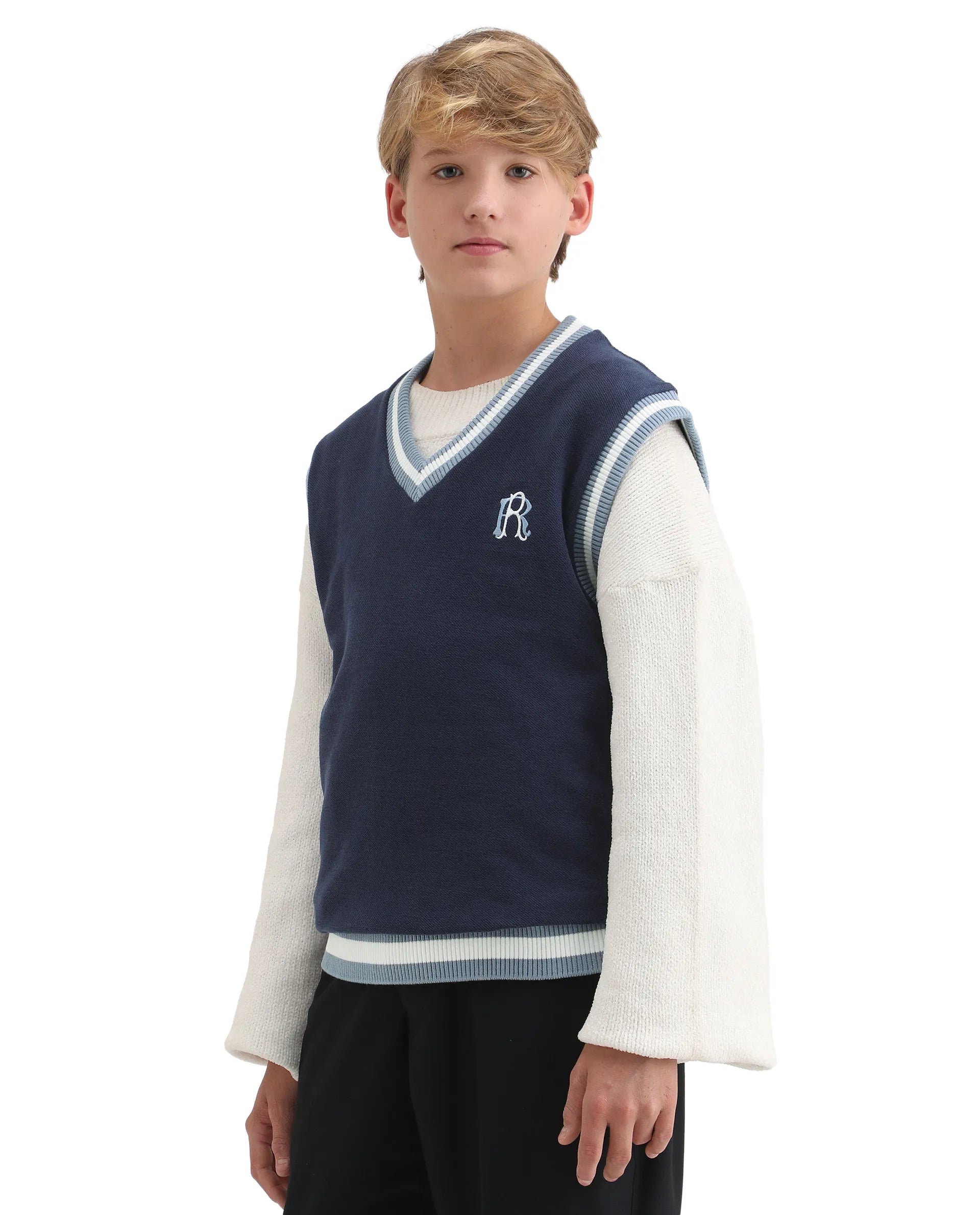 Rare Ones Kids Half Navy Cotton Blend Pull-On Closure Monogram Print Oversized Fit Sweater