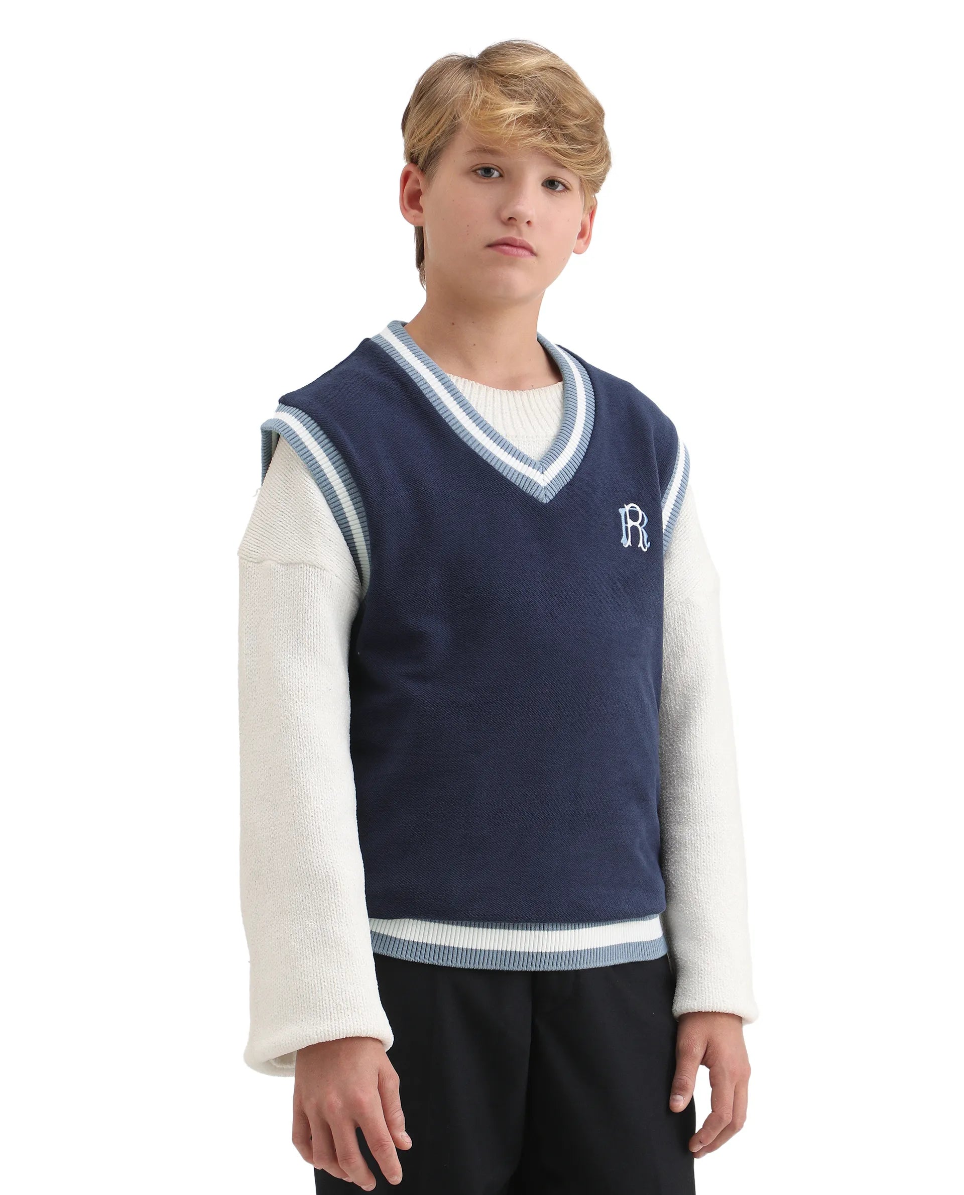 Rare Ones Kids Half Navy Cotton Blend Pull-On Closure Monogram Print Oversized Fit Sweater