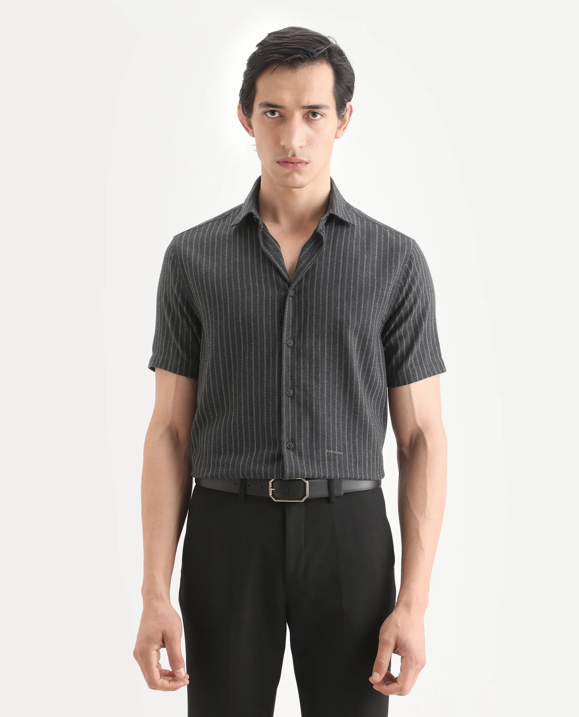 Rare Rabbit Men's Elkie Dark Grey Cotton Blend Fabric Spread Collar Regular Striped Shirt