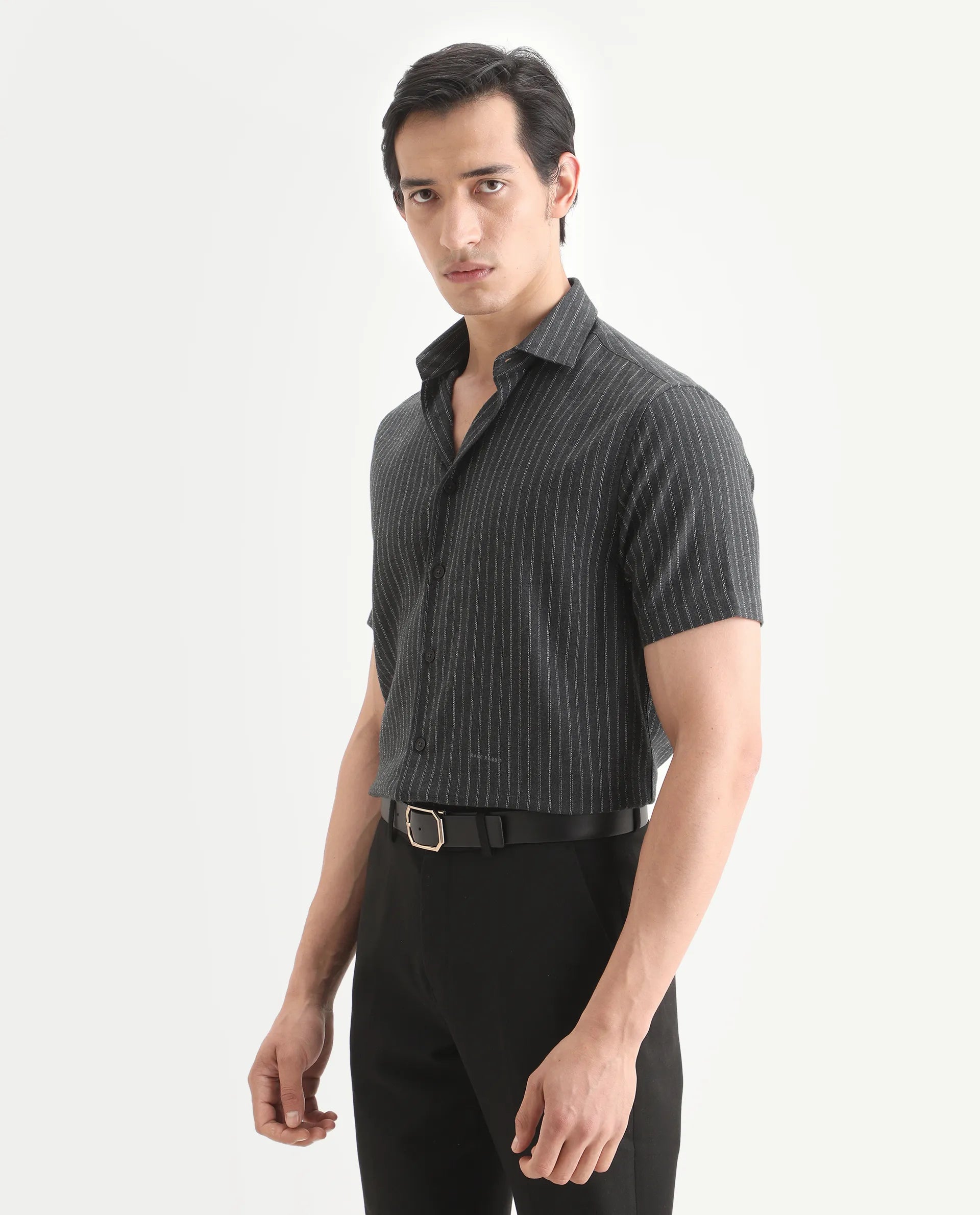Rare Rabbit Men's Elkie Dark Grey Cotton Blend Fabric Spread Collar Regular Striped Shirt