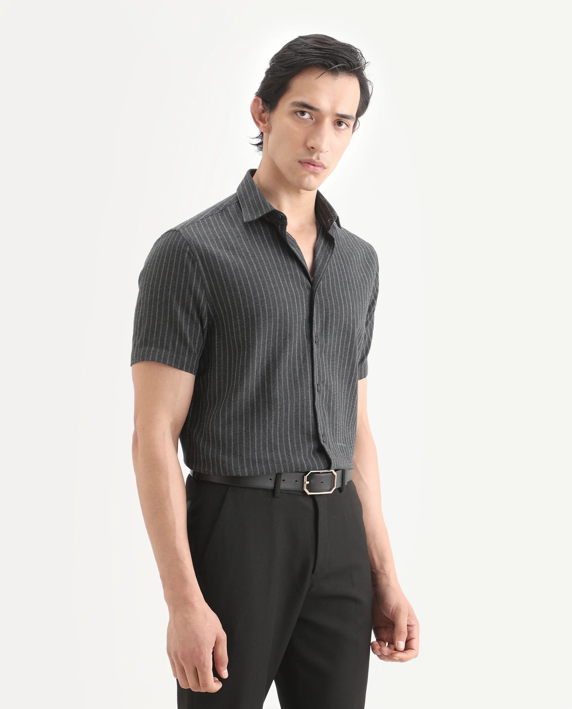 Rare Rabbit Men's Elkie Dark Grey Cotton Blend Fabric Spread Collar Regular Striped Shirt