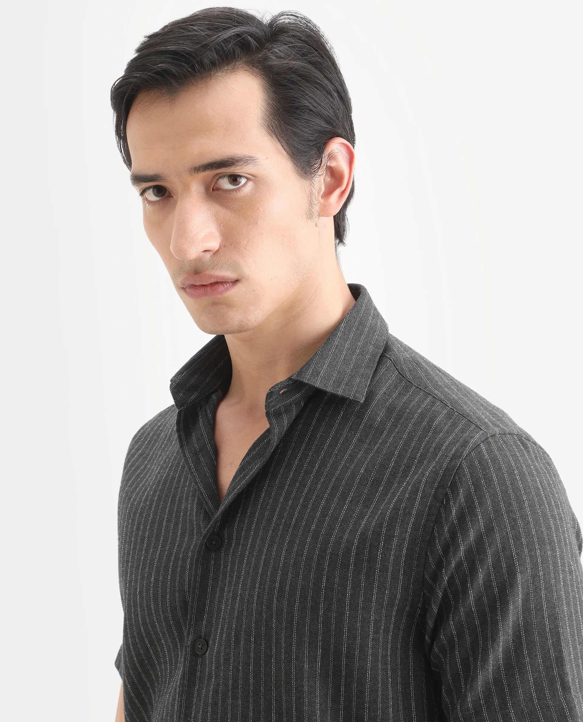 Rare Rabbit Men's Elkie Dark Grey Cotton Blend Fabric Spread Collar Regular Striped Shirt