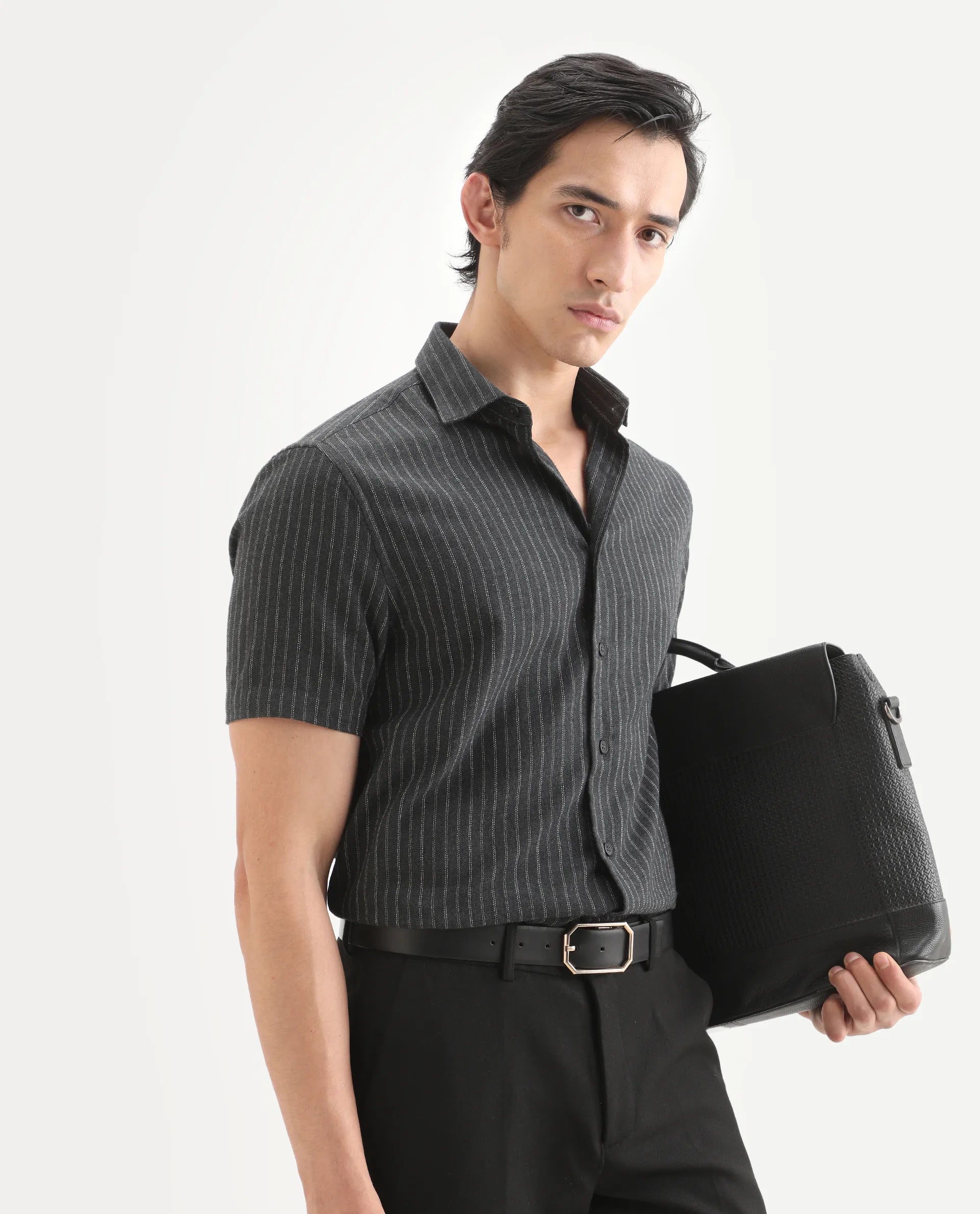 Rare Rabbit Men's Elkie Dark Grey Cotton Blend Fabric Spread Collar Regular Striped Shirt